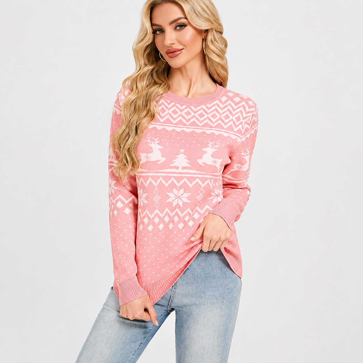Long Sleeve Pullover Reindeer Snowflake Print Christmas Sweater For Women