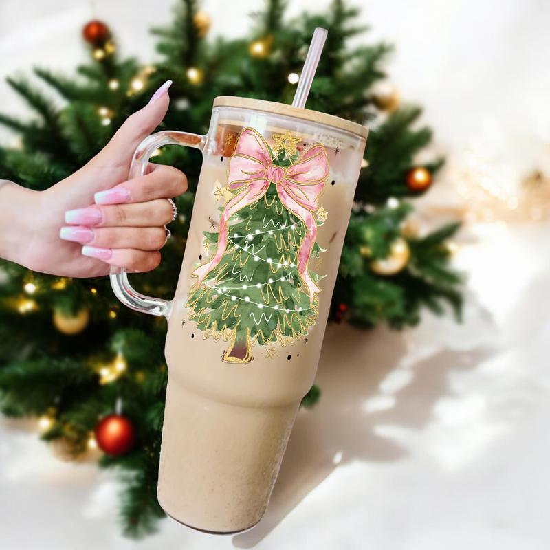 40oz Christmas Cheer Washable Glass Cup With Bamboo Lid And Silicone Straw