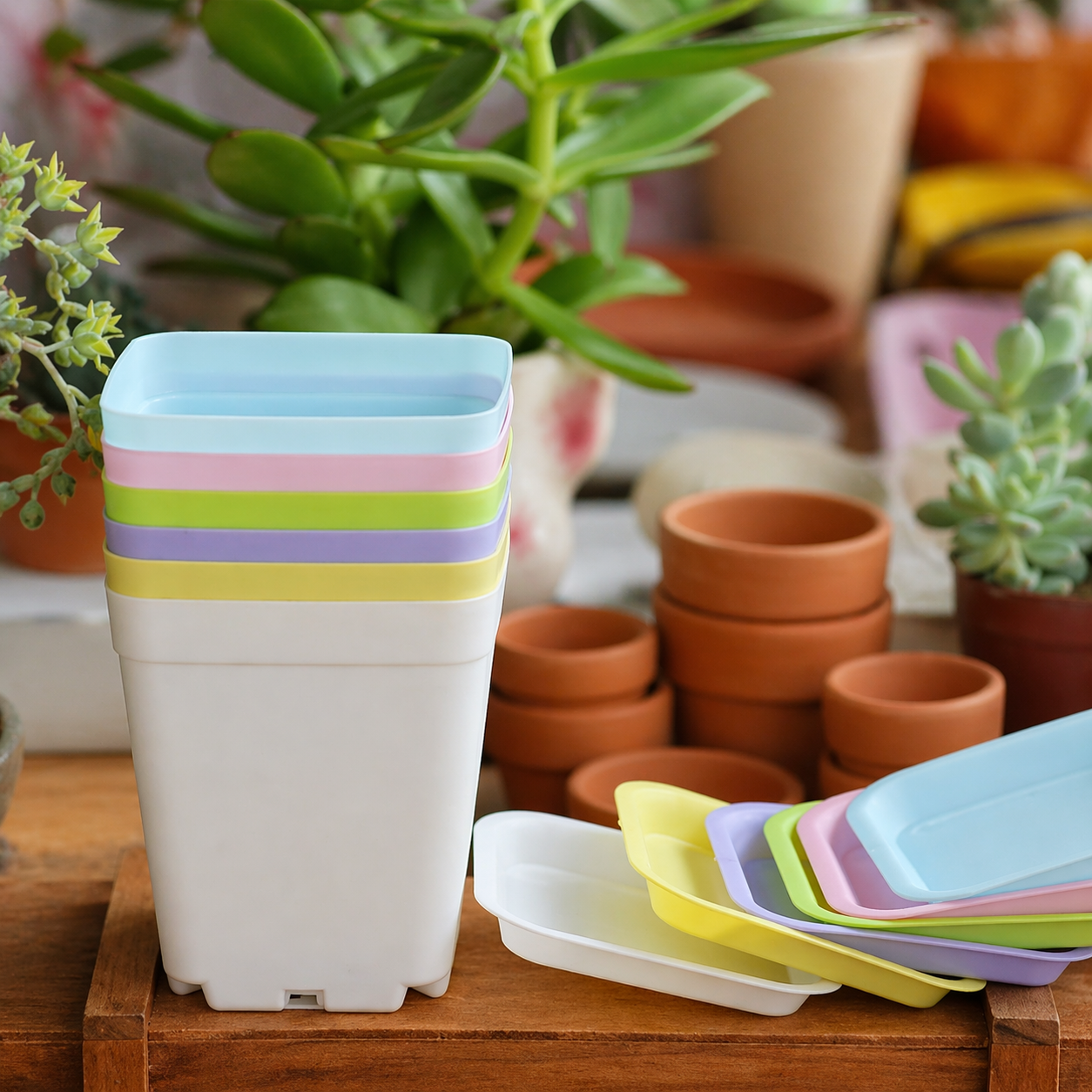 Mini Square Plant Pots With Trays 20 Piece Set For Succulents And Herbs