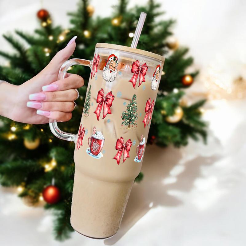 40oz Christmas Cheer Washable Glass Cup With Bamboo Lid And Silicone Straw