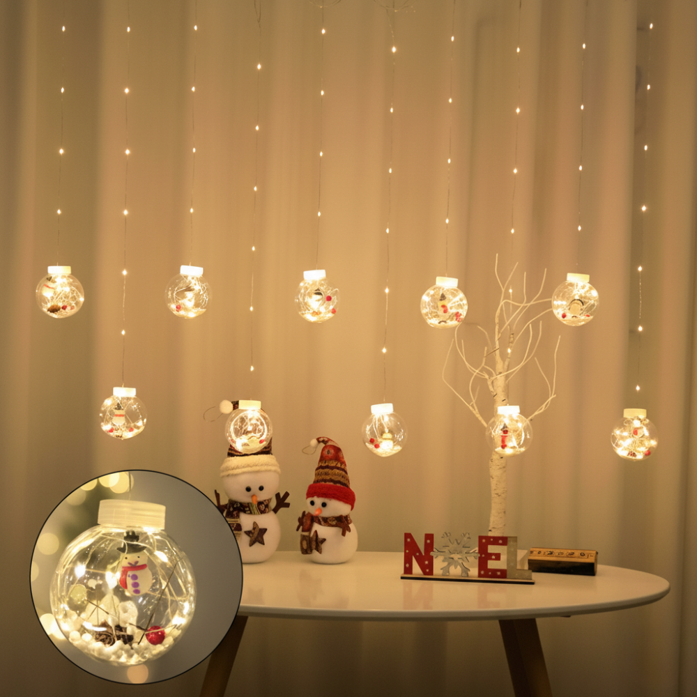 LED curtain lights with illuminated snowman globe figures in warm white, inset closeup of snowman ornament detail