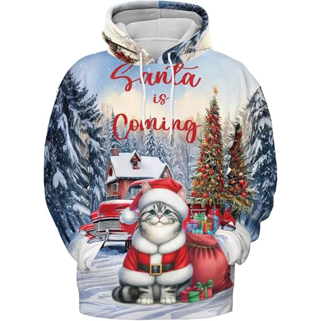 Christmas Santa Cat Truck Tree All Over Print 3D Zip Hoodie