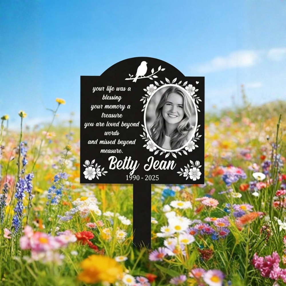 1pc Customized Photo & Text Floral Memorial Plaque, Personalized Remembrance Plaque With Poem & Floral