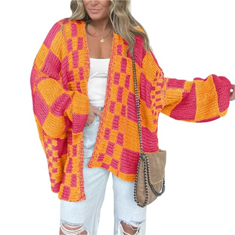 Casual Long Sleeve Checkered Chunky Cardigan For Women