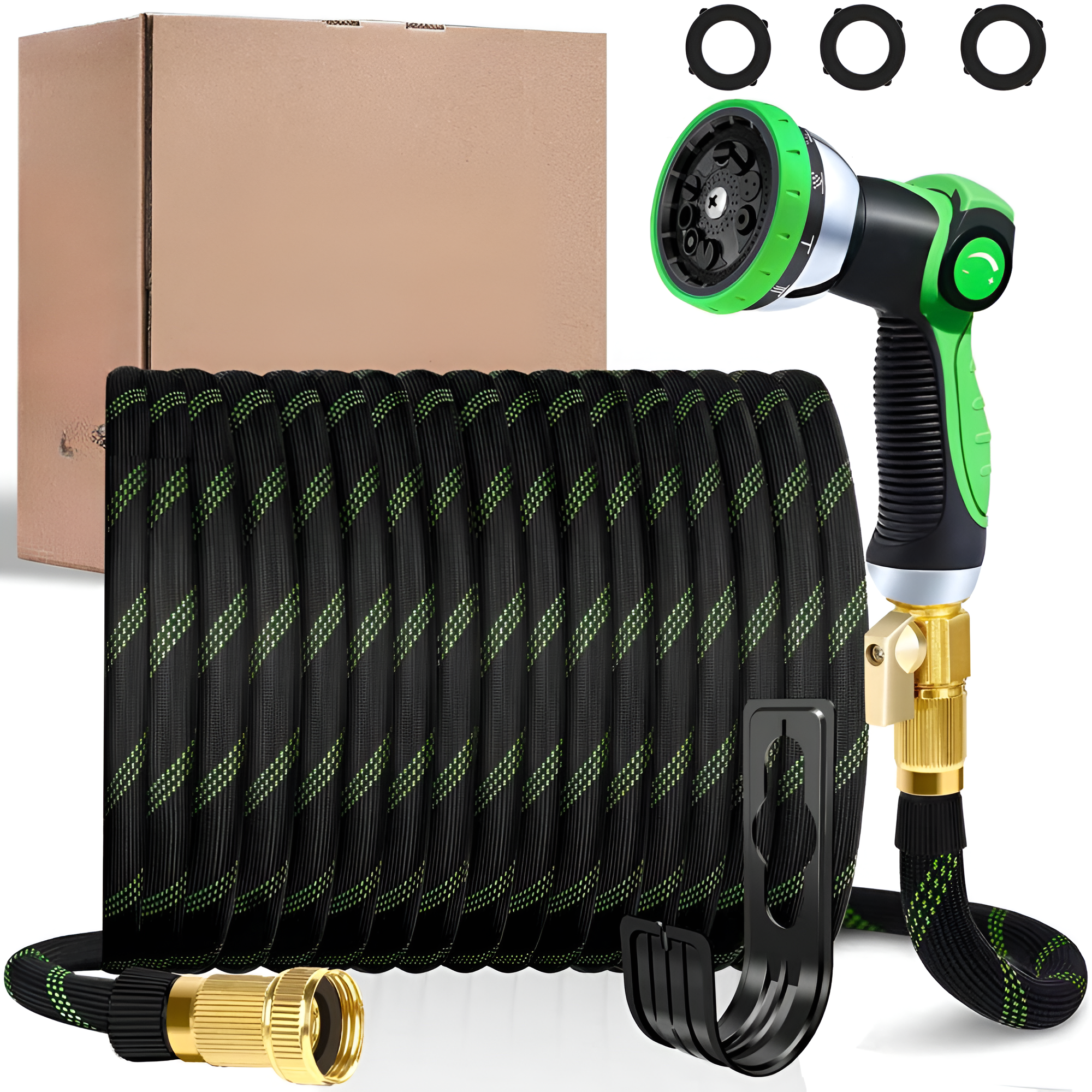 LOVFEN 25/50/75/100FT Braided Garden Hose Set With 10-Function Adjustable Spray Nozzle, Lightweight