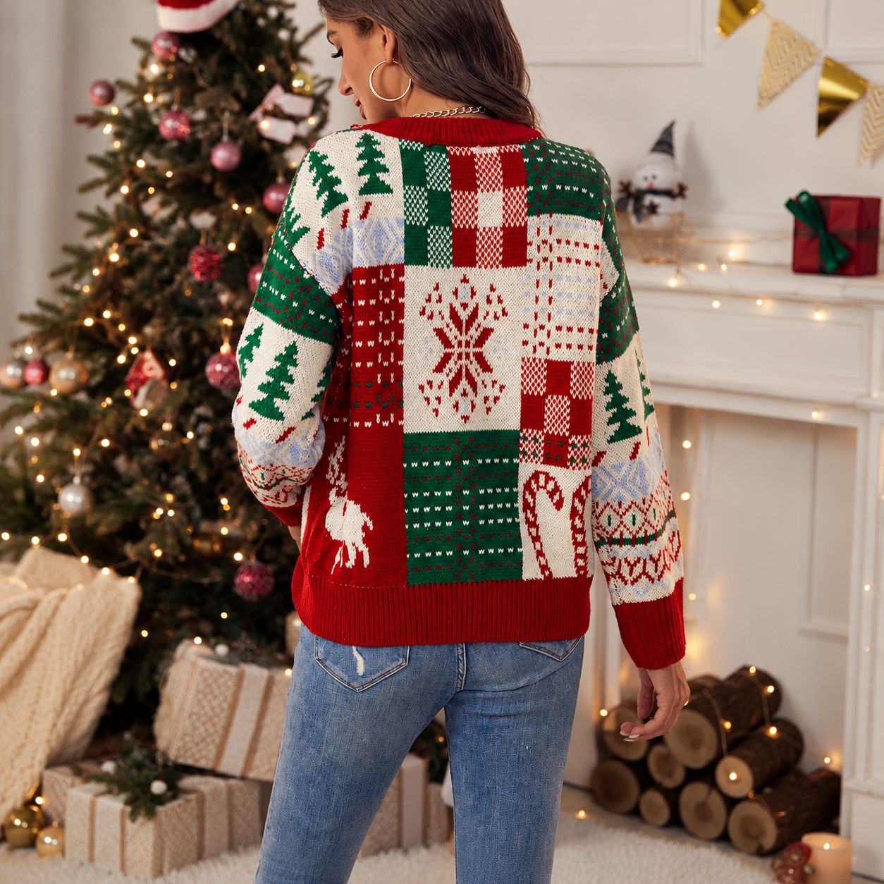 Casual Loose Winter Long Sleeve Tree And Reindeer Pattern Christmas Sweater For Women