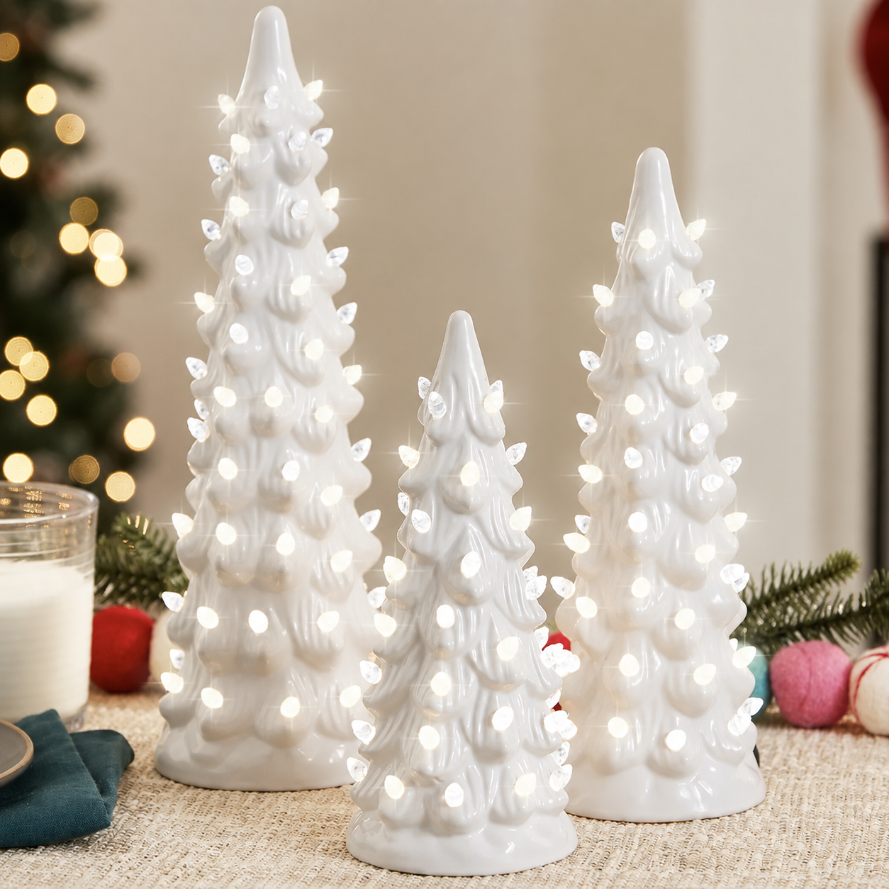 Set of 3 Pre Lit Painted Ceramic Tabletop Christmas Trees