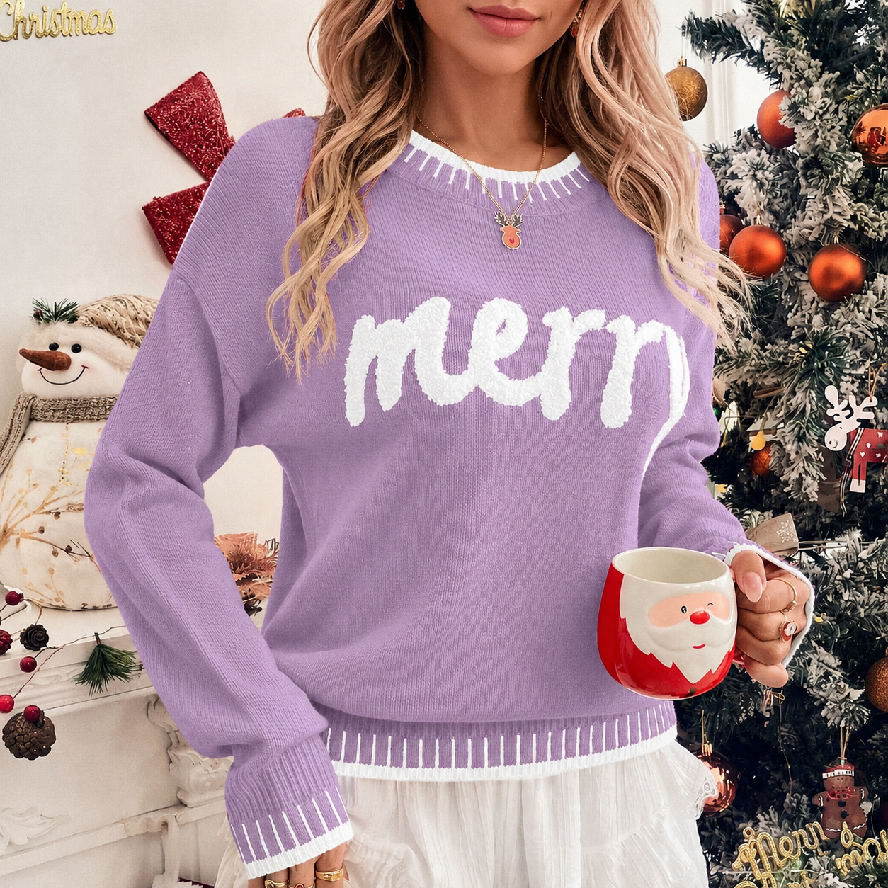  Christmas Themed Text Graphic Long Sleeve Sweater For Women