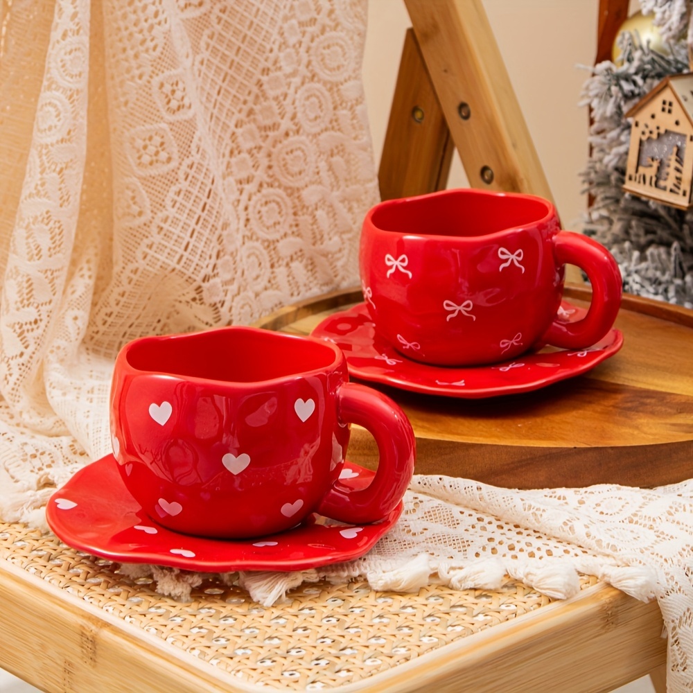 Printed Ceramic Coffee Cup With Irregular Shape And Saucer