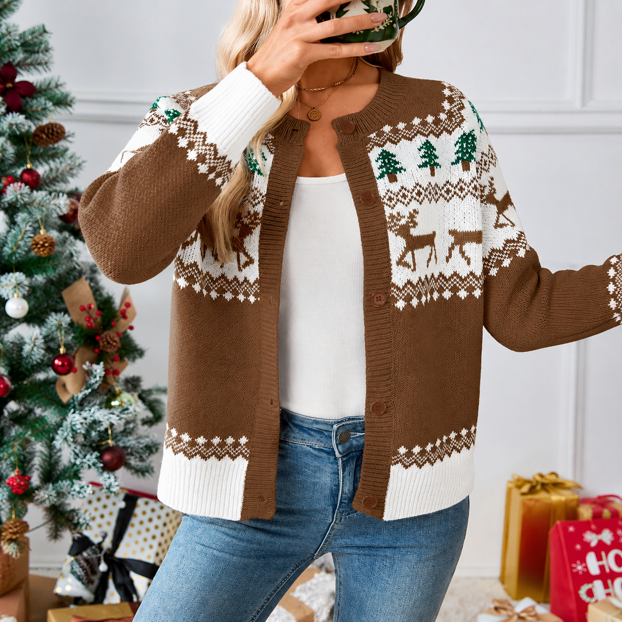 Christmas Themed Holiday Season Knit Cardigan For Women