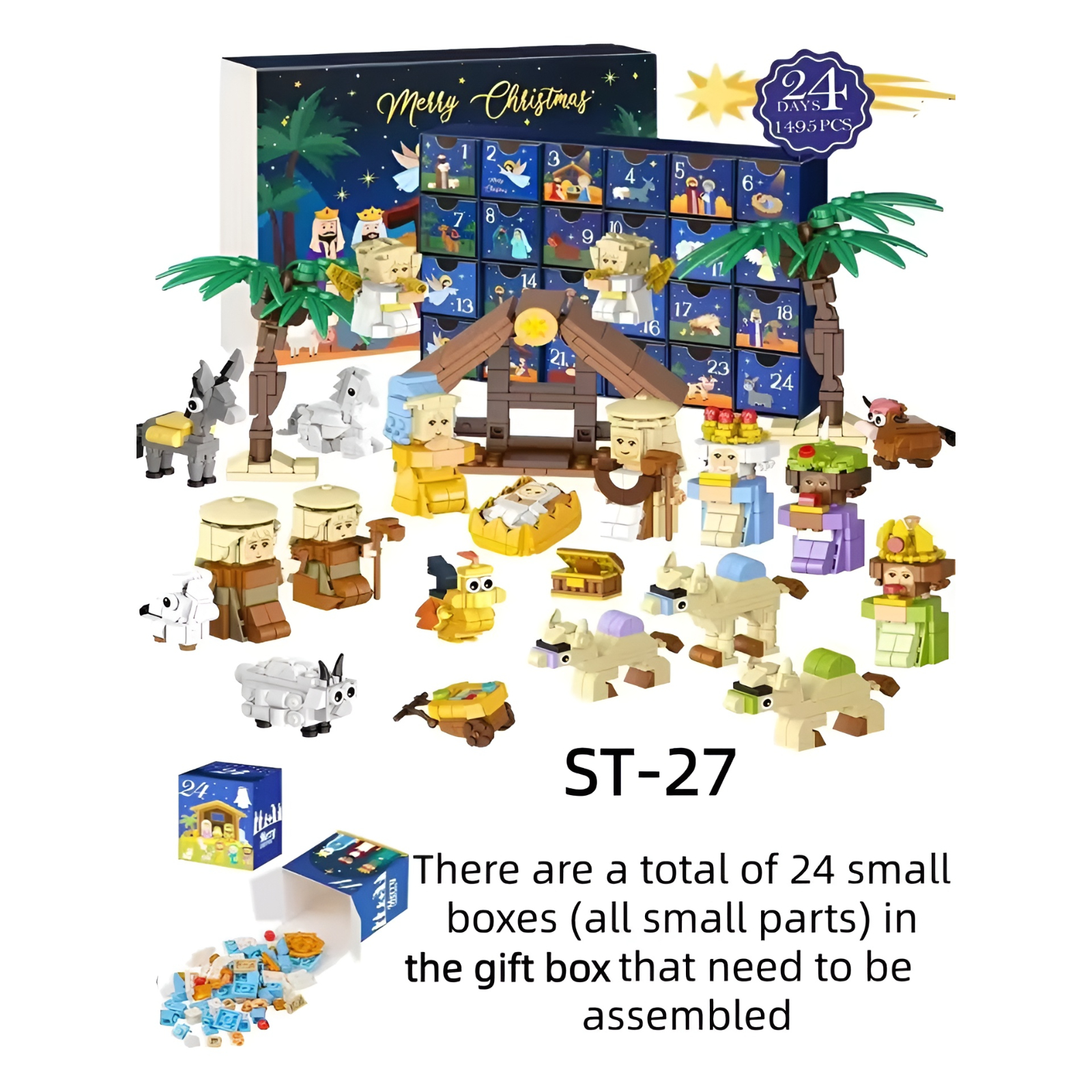 Christmas Advent Calendar Building Blocks Box DIY Christmas Train Tree Bricks for Kid Christmas Gift 24 Days