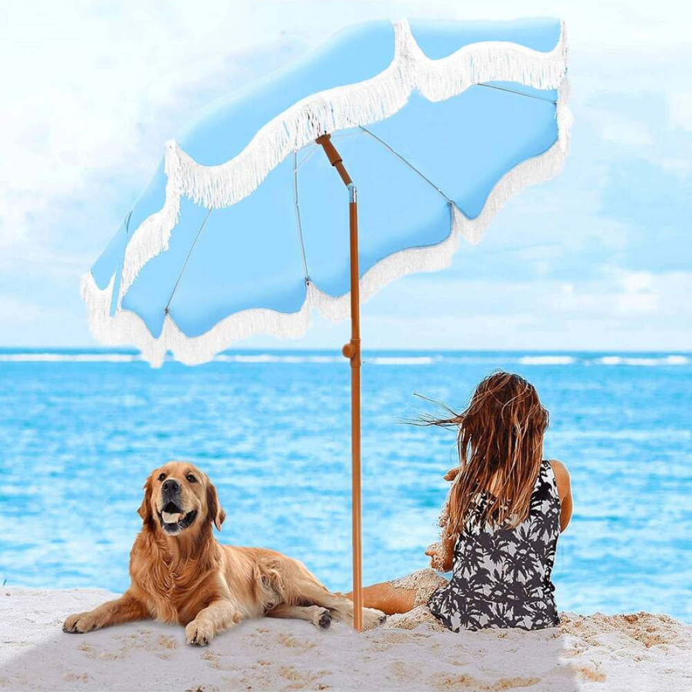 7FT Portable Beach Umbrella With Fringe And Windproof Design