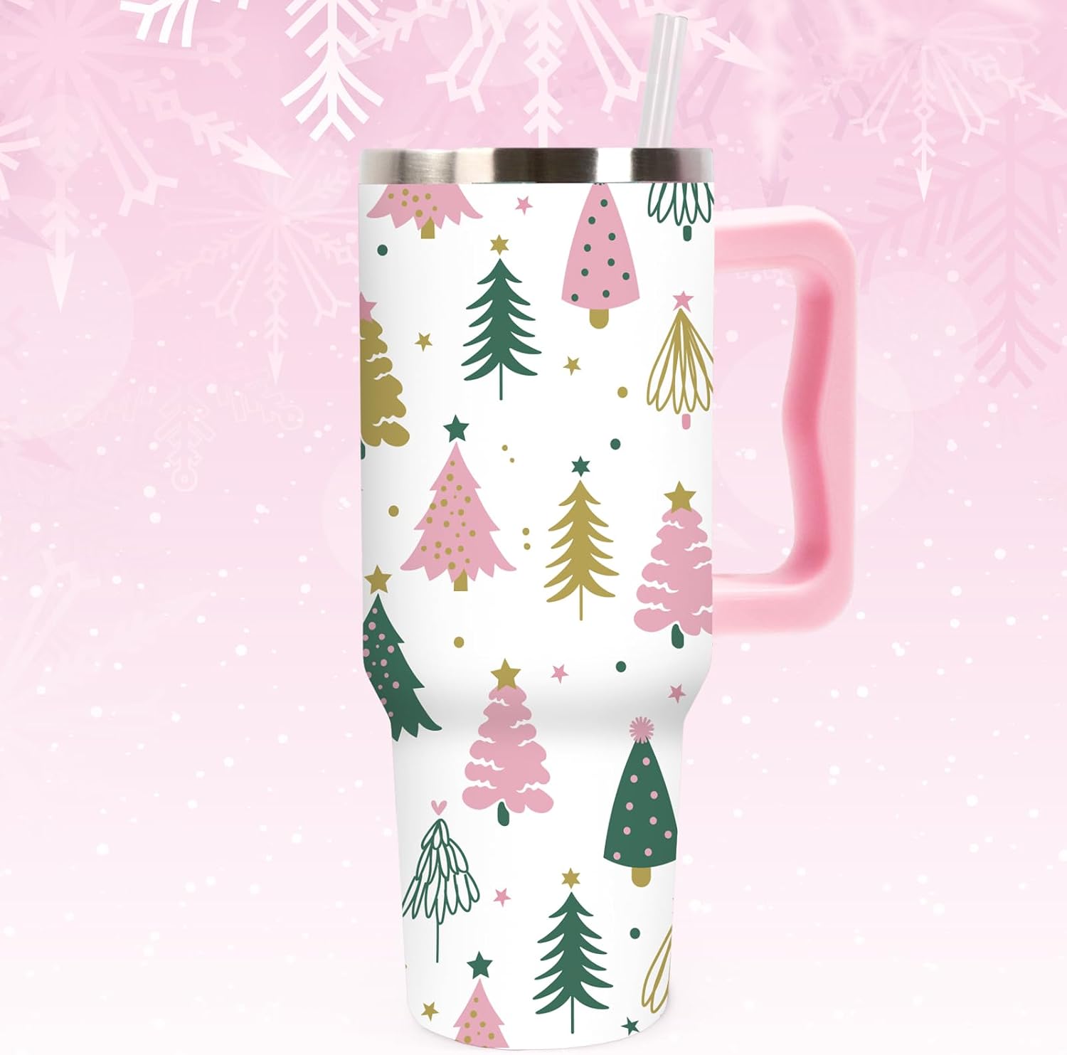 40 oz Boho Christmas Tree Stainless Steel Tumbler with Handle Lid and Straw