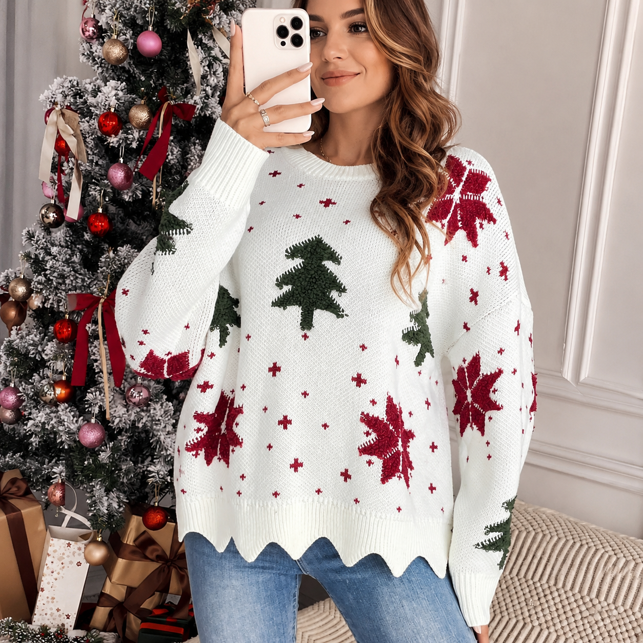 Casual Christmas Pattern Scallop Trim Sweater For Women