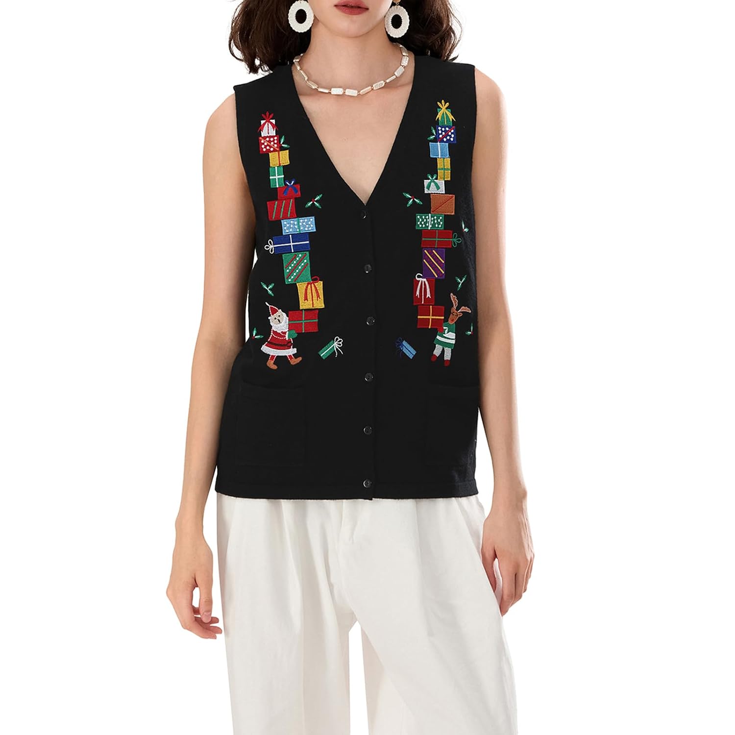 Casual Sleeveless Christmas Themed Cardigan Sweater For Women