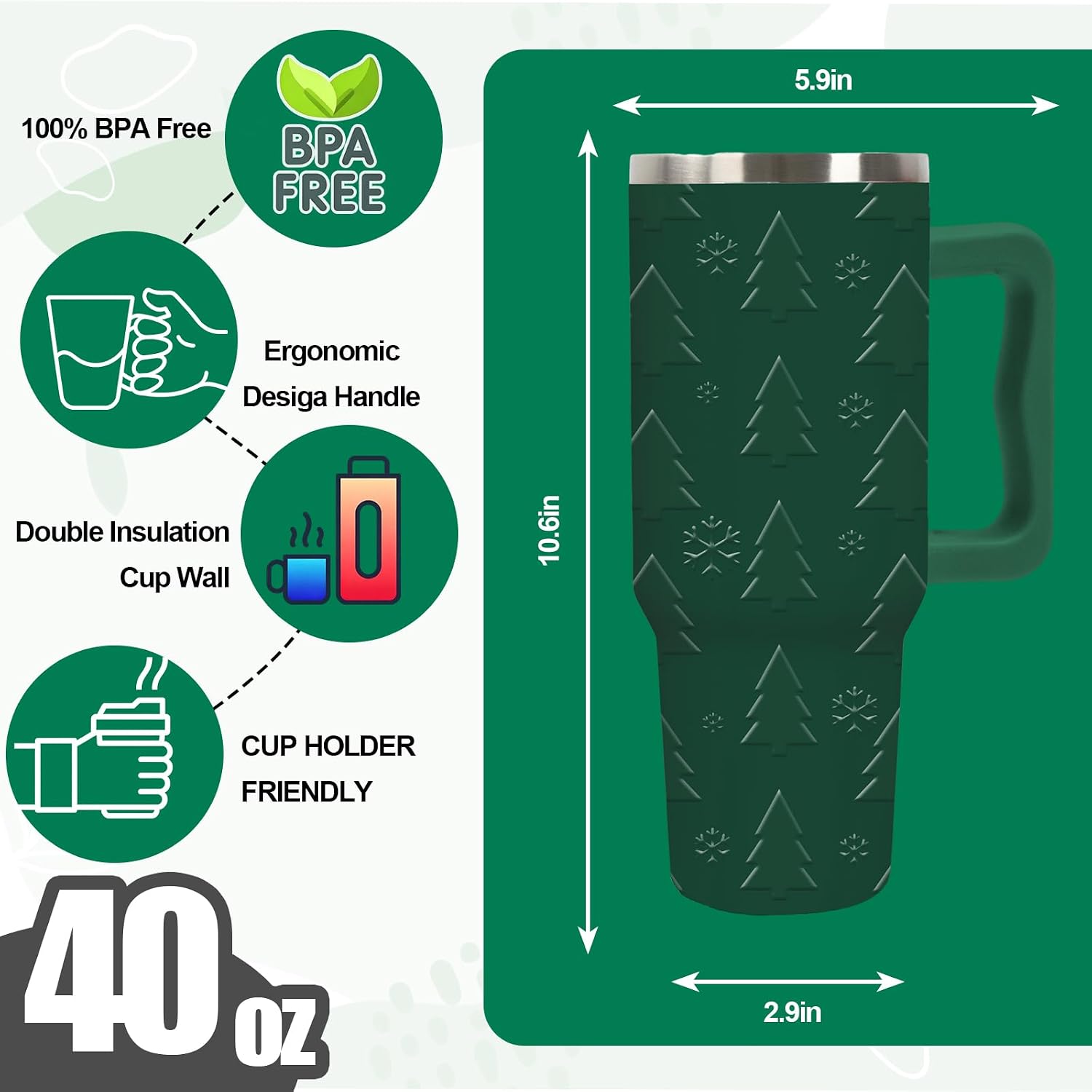 40 oz Christmas Tree Snowflake Stainless Steel Tumbler with Handle and Straw