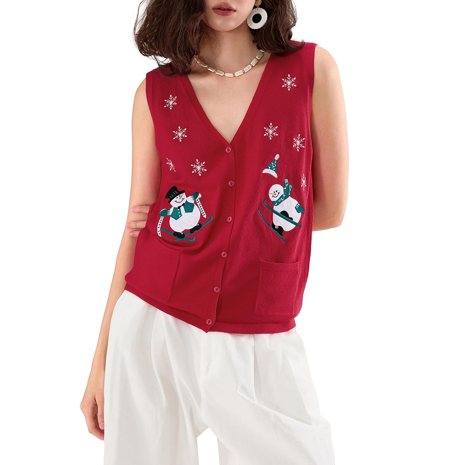 Casual Sleeveless Christmas Themed Cardigan Sweater For Women