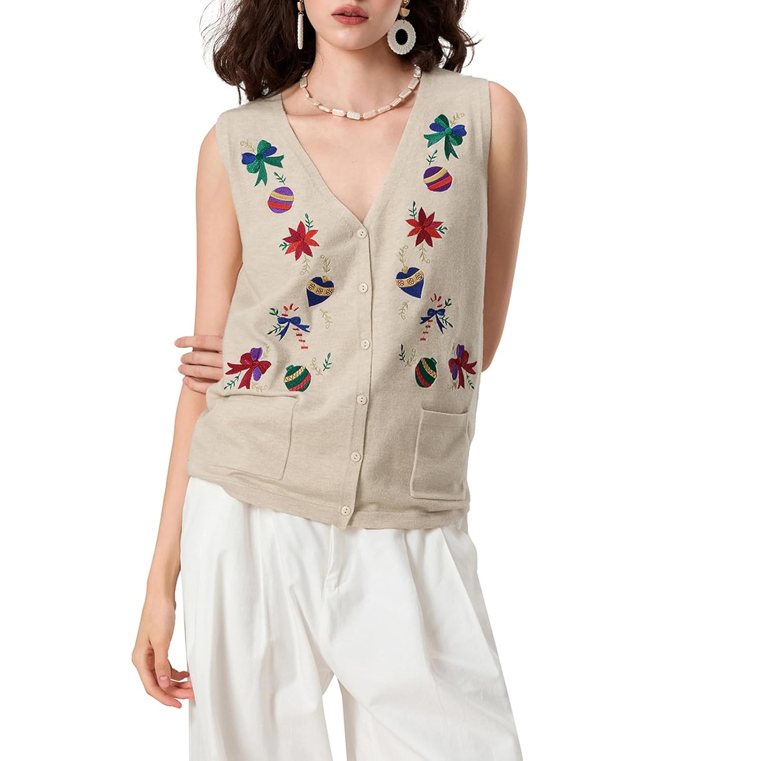 Casual Sleeveless Christmas Themed Cardigan Sweater For Women