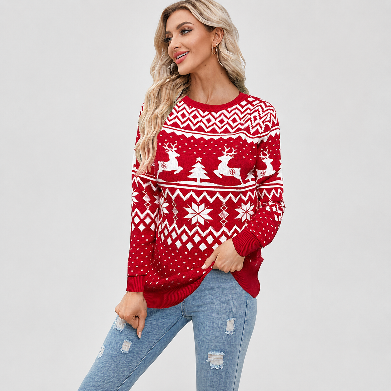 Long Sleeve Pullover Reindeer Snowflake Print Christmas Sweater For Women
