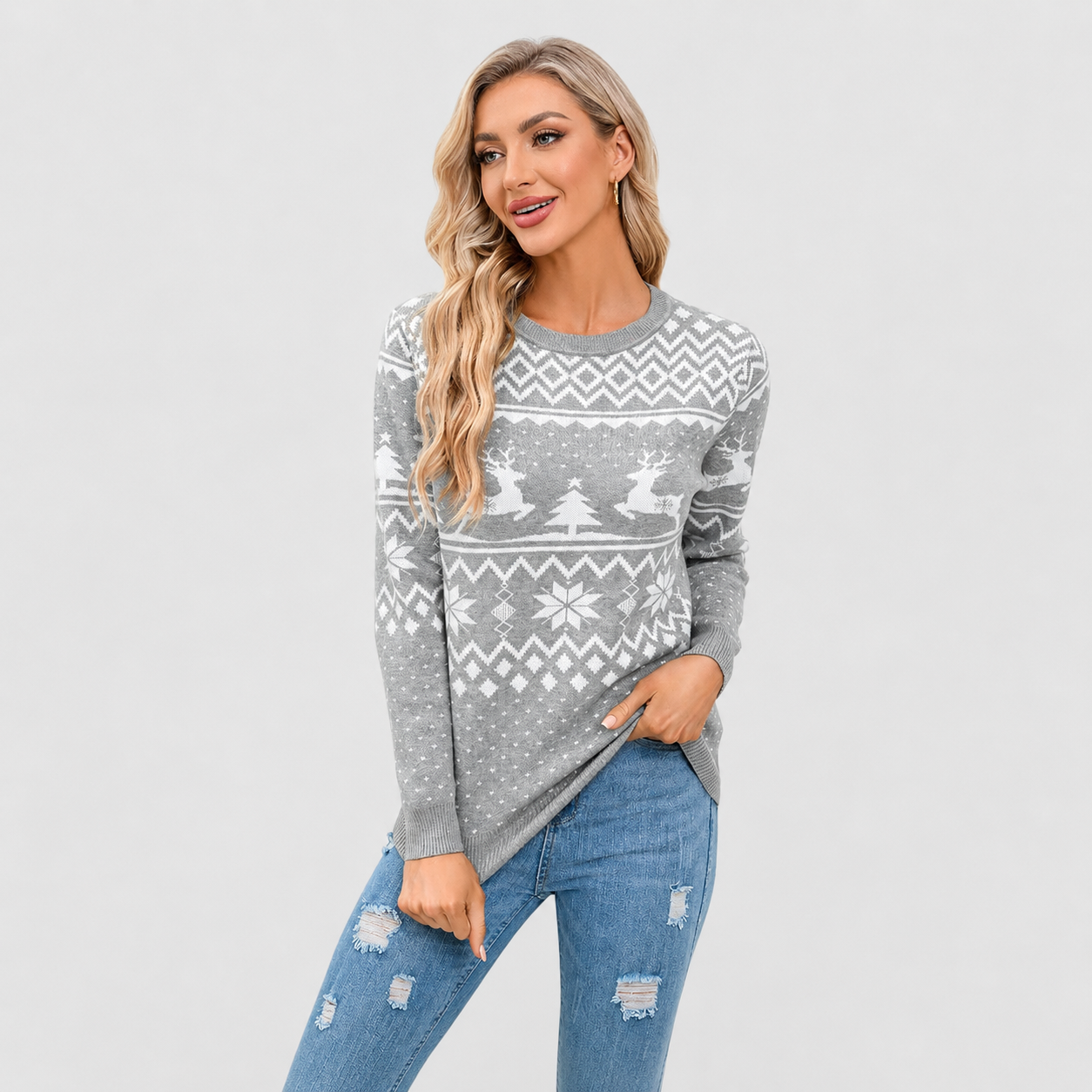 Long Sleeve Pullover Reindeer Snowflake Print Christmas Sweater For Women