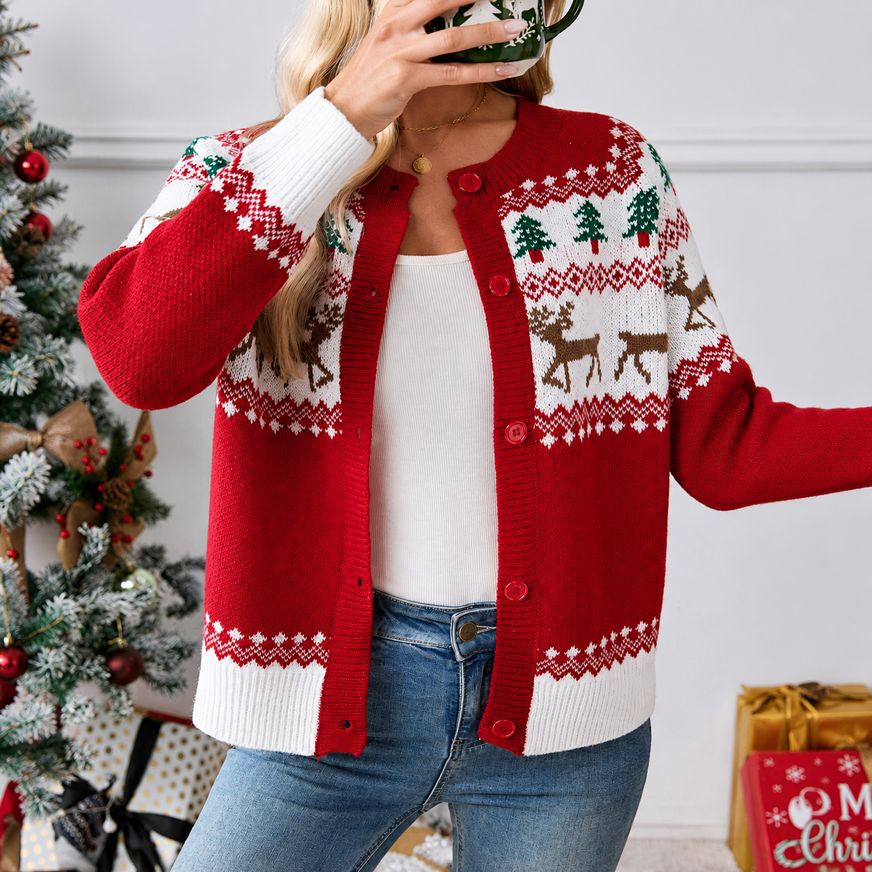 Christmas Themed Holiday Season Knit Cardigan For Women