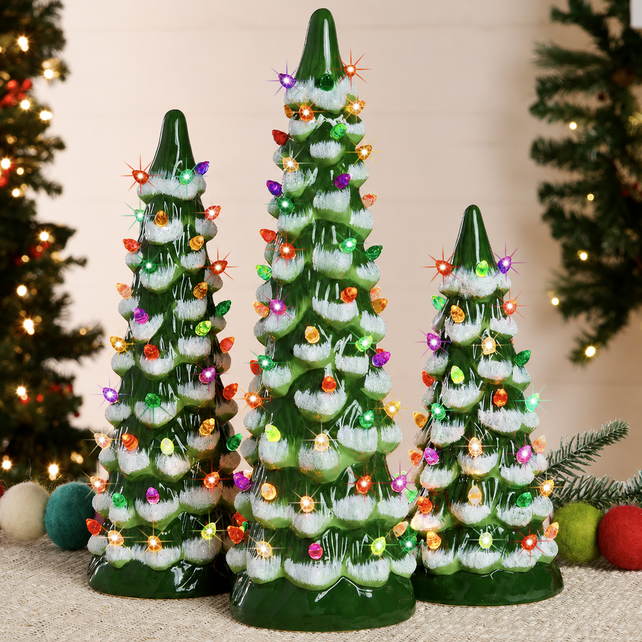 Set of 3 Pre Lit Painted Ceramic Tabletop Christmas Trees