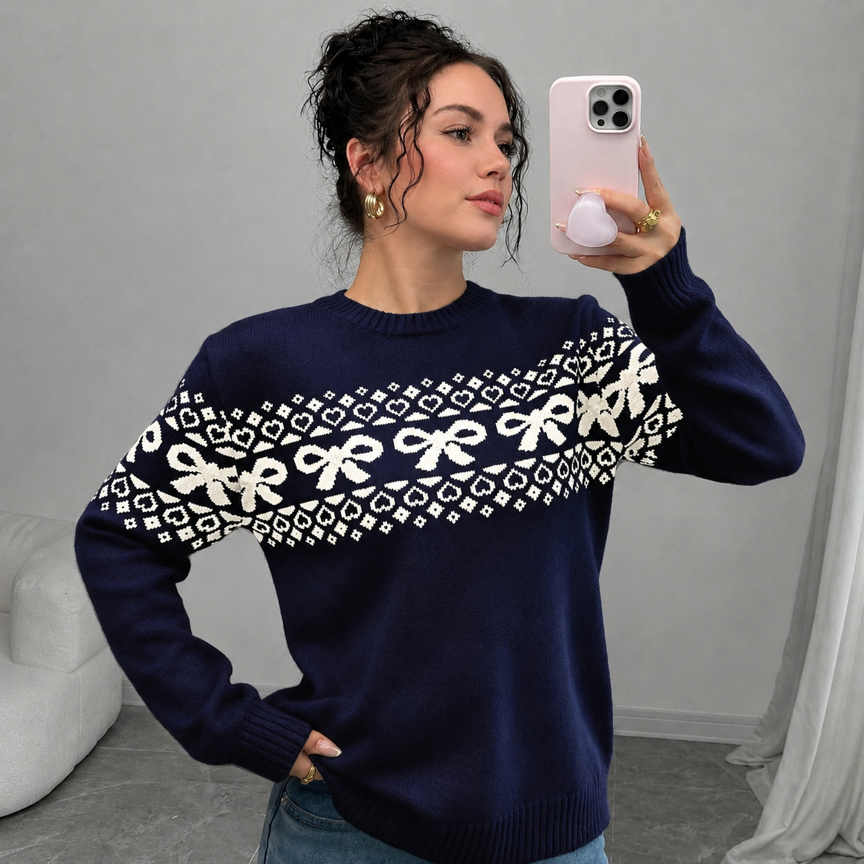 Casual Minimalist Everyday Bow Decor Christmas Sweater For Women