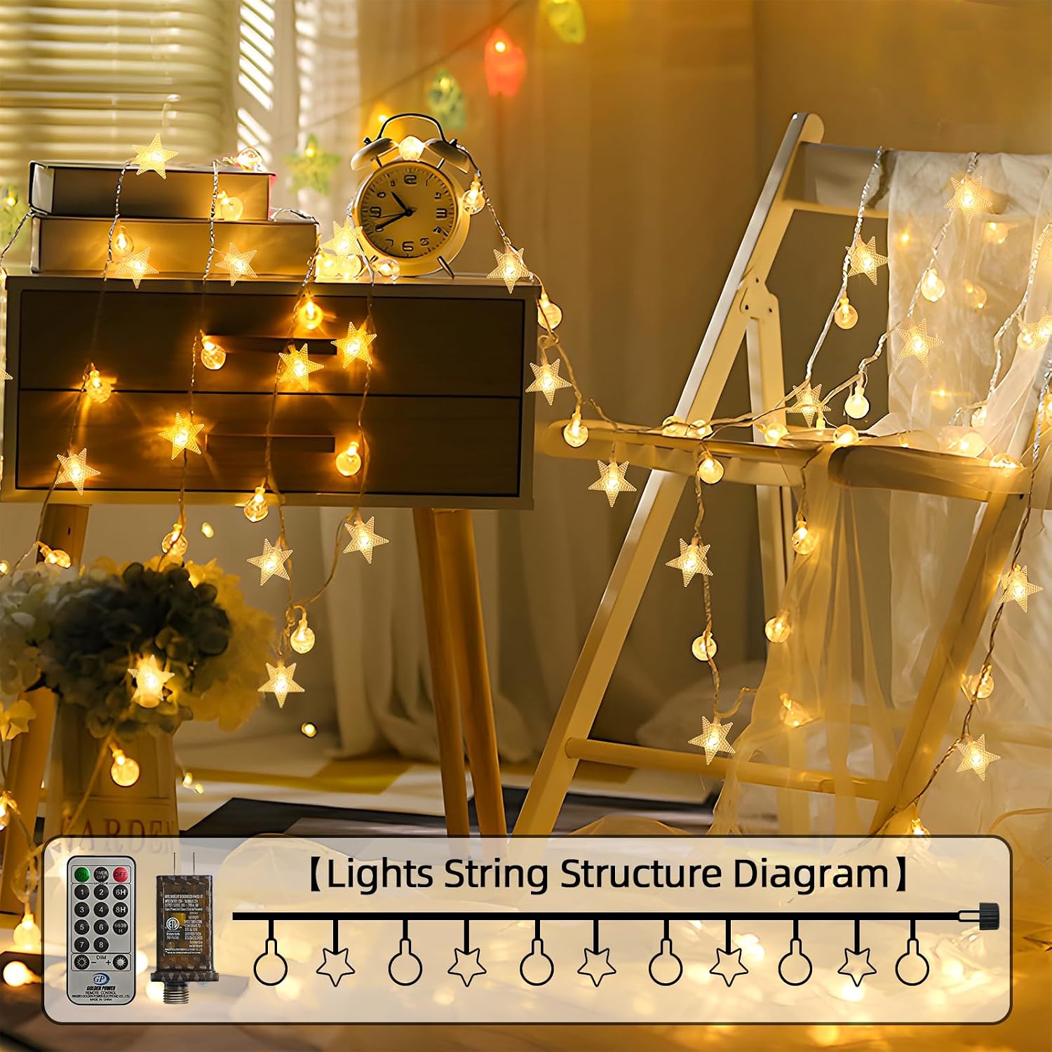 Crystal Globe and Star String Lights with Remote Timer for Indoor and Outdoor Decor