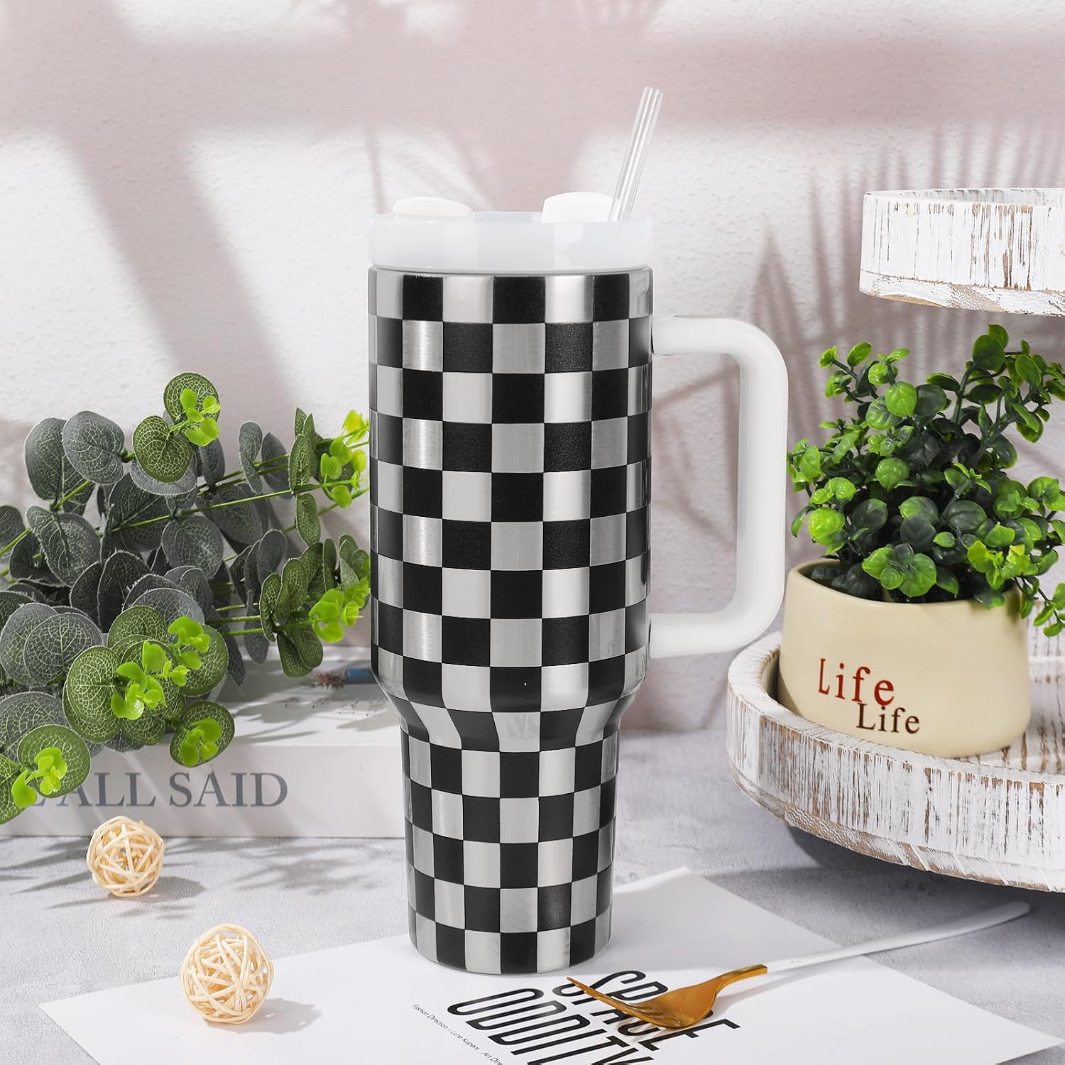 40 oz Christmas Bowknot Stainless Steel Tumbler with Handle Lid and Straw