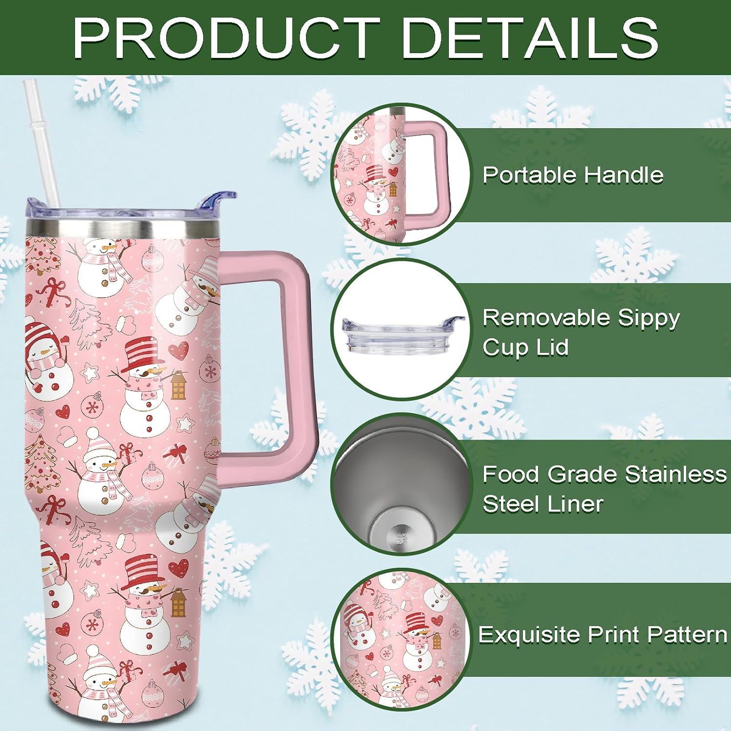 40 oz Christmas Snowman Stainless Steel Insulated Tumbler with Handle and Straw