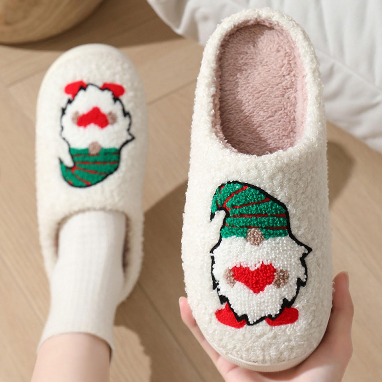 Christmas Fuzzy Warm Slip On House Slippers for Women and Men