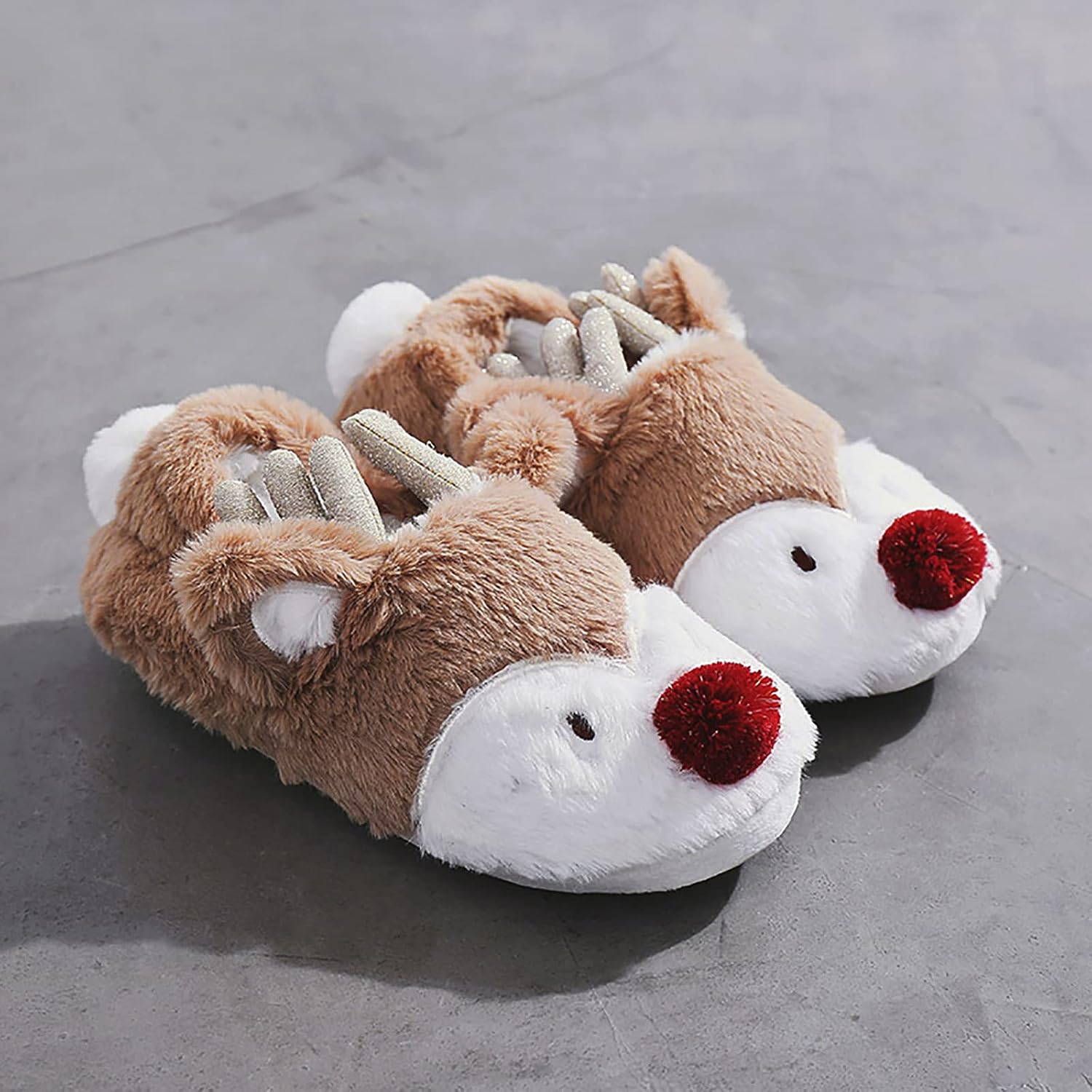 Christmas Reindeer Antler Themed Plush Fuzzy Warm Indoor Slippers For Women