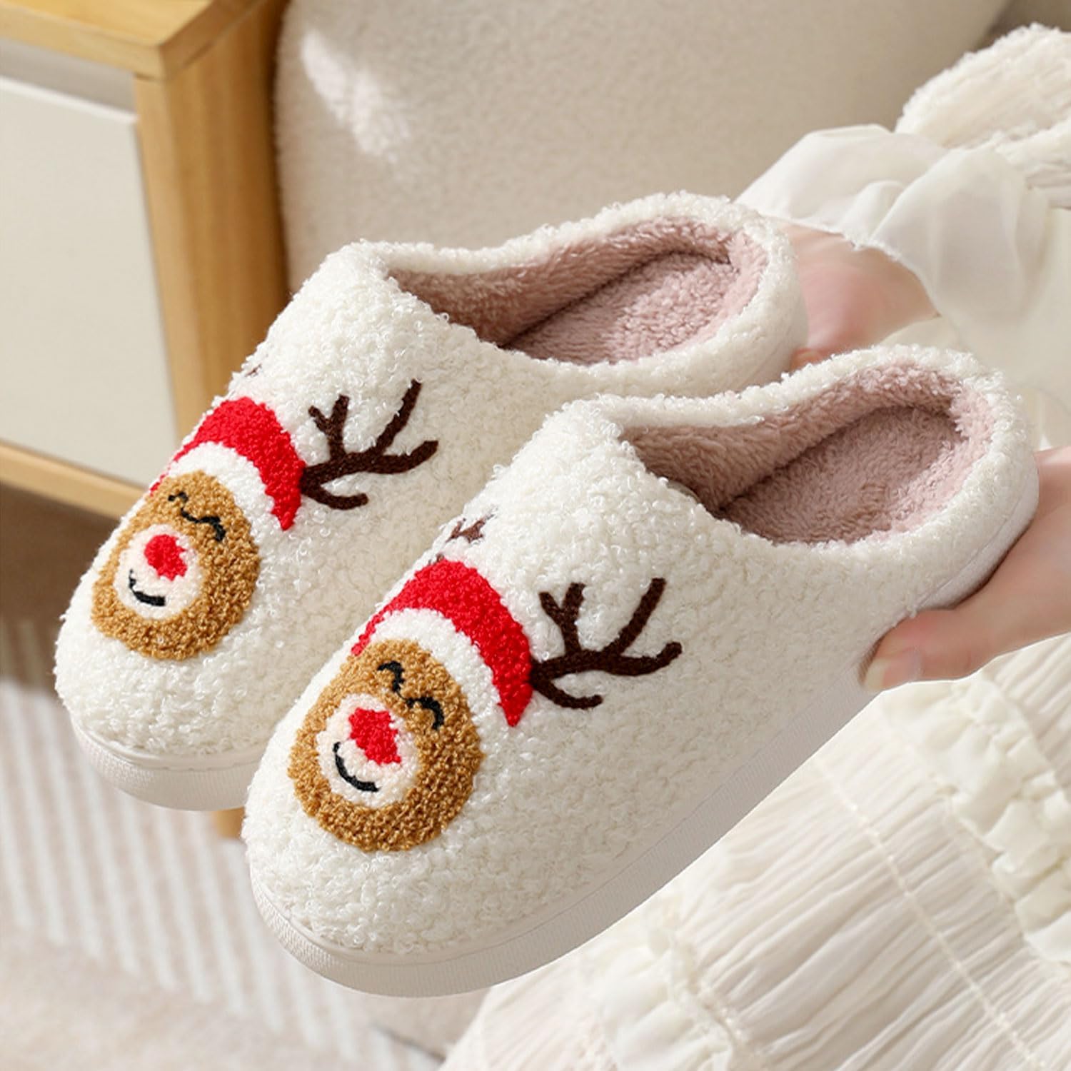 Christmas Fuzzy Warm Slip On House Slippers for Women and Men
