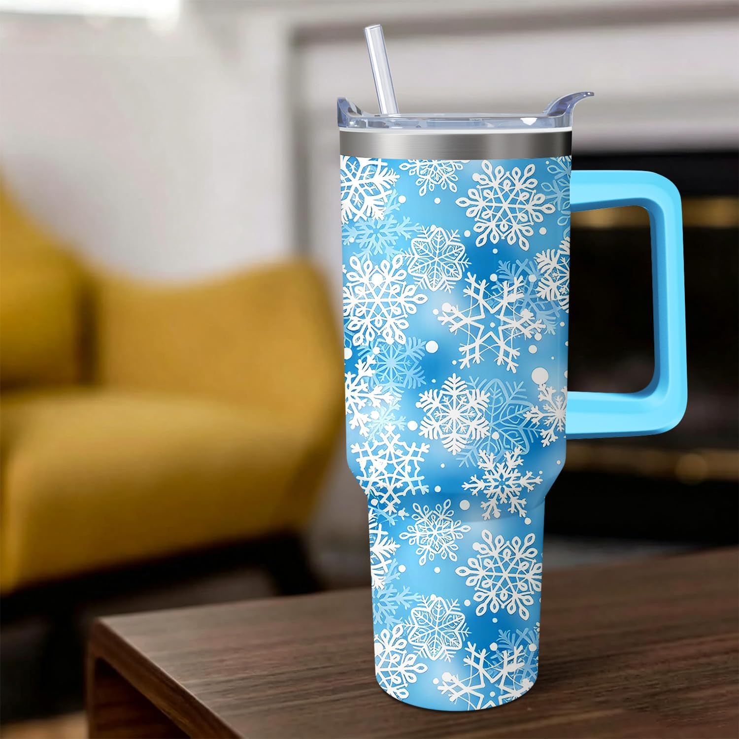 40 oz Christmas Snowflake Stainless Steel Insulated Tumbler with Handle and Straw