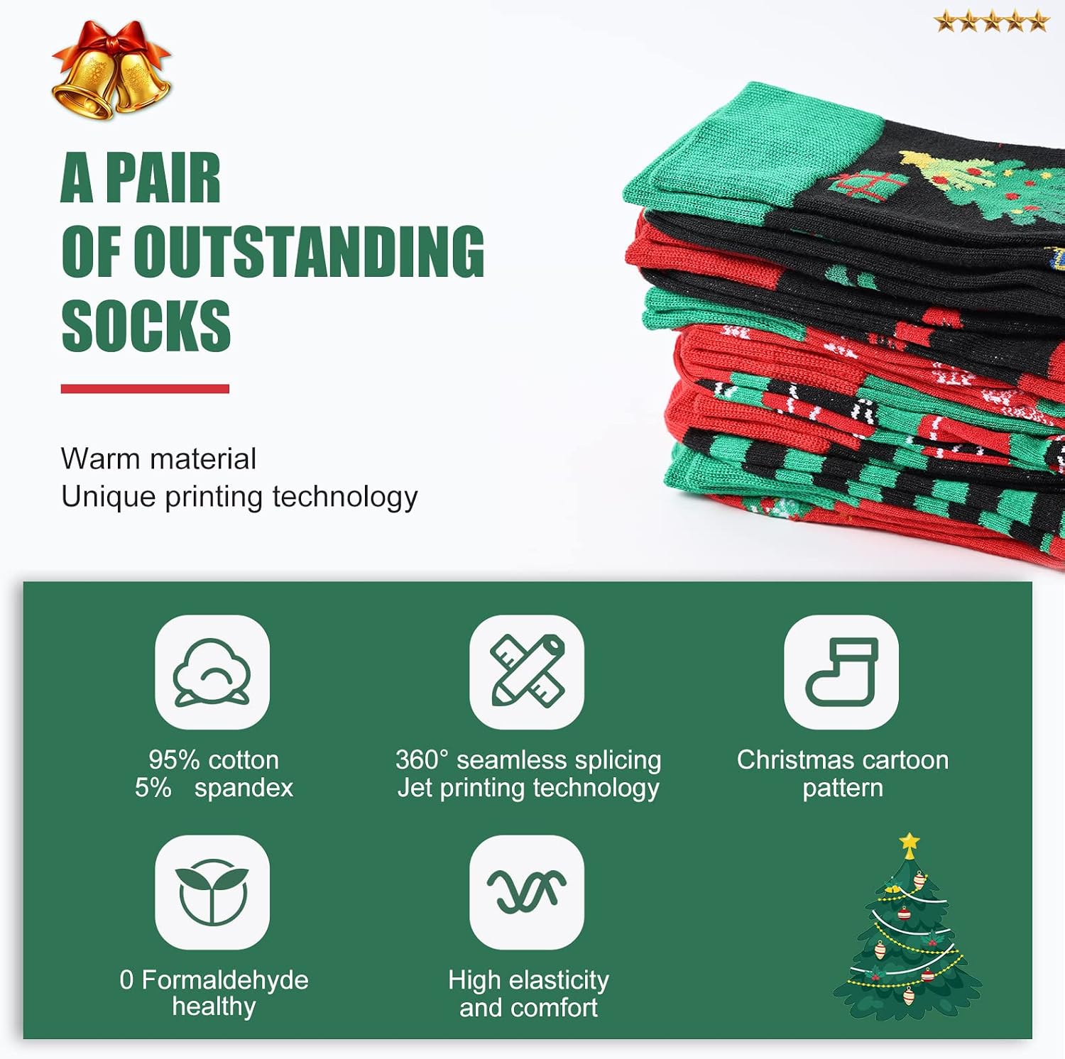 Pack of 6 Christmas Crew Socks Holiday Patterned Socks for Men