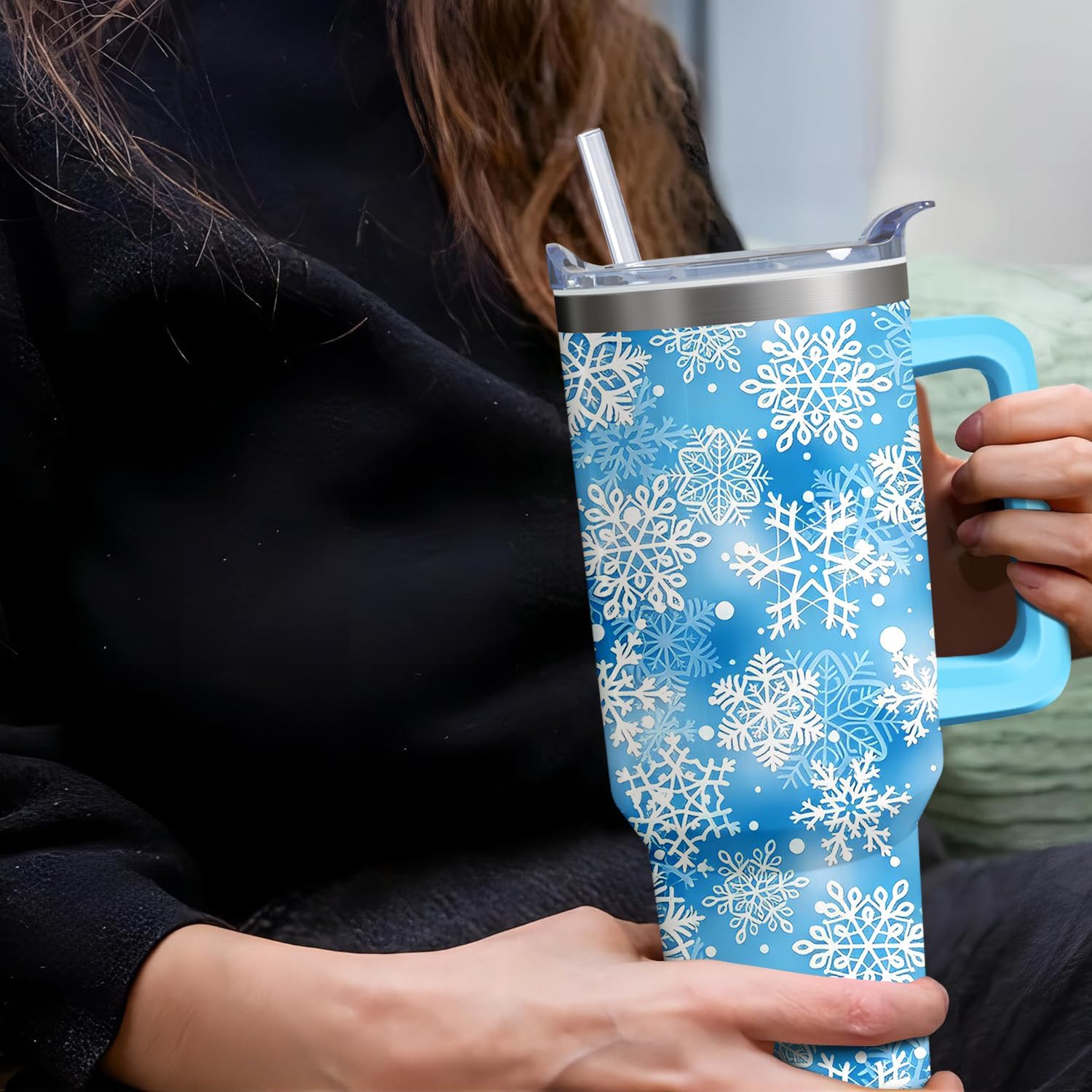 40 oz Christmas Snowflake Stainless Steel Insulated Tumbler with Handle and Straw