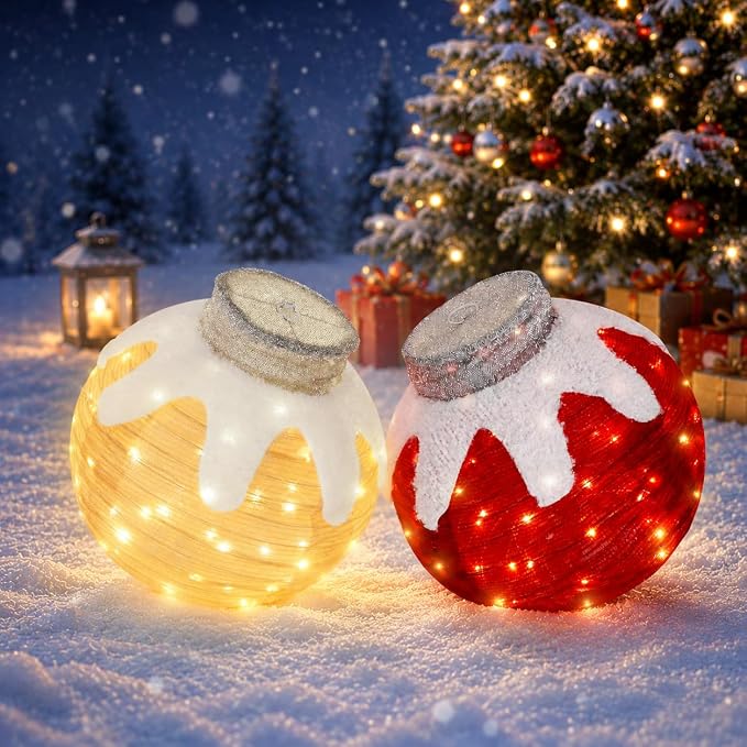 2 Piece Lighted Christmas Ball Ornaments with LED Lights for Outdoor Decor