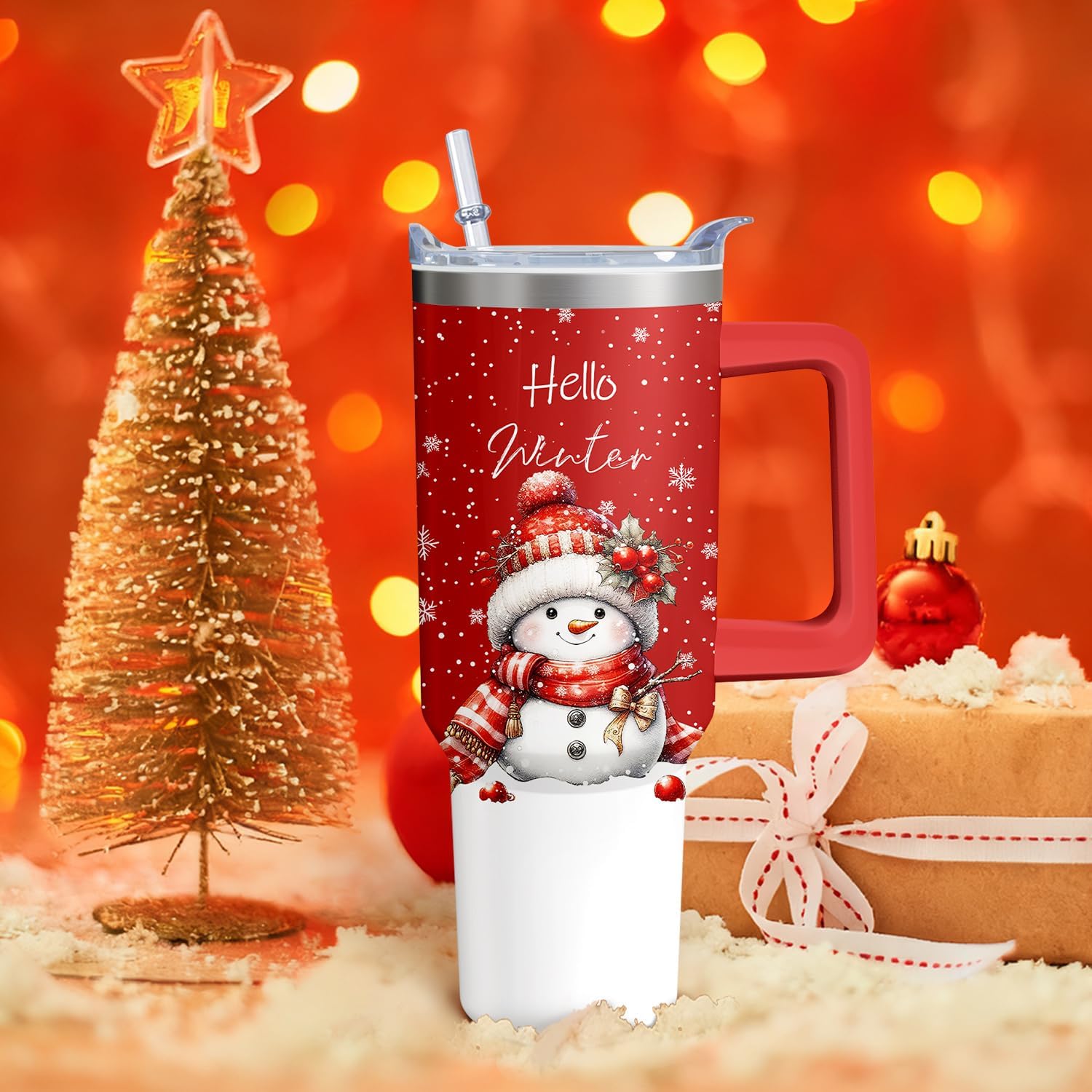 Christmas Tree Snowman 40 oz Insulated Tumbler with Handle and Straw
