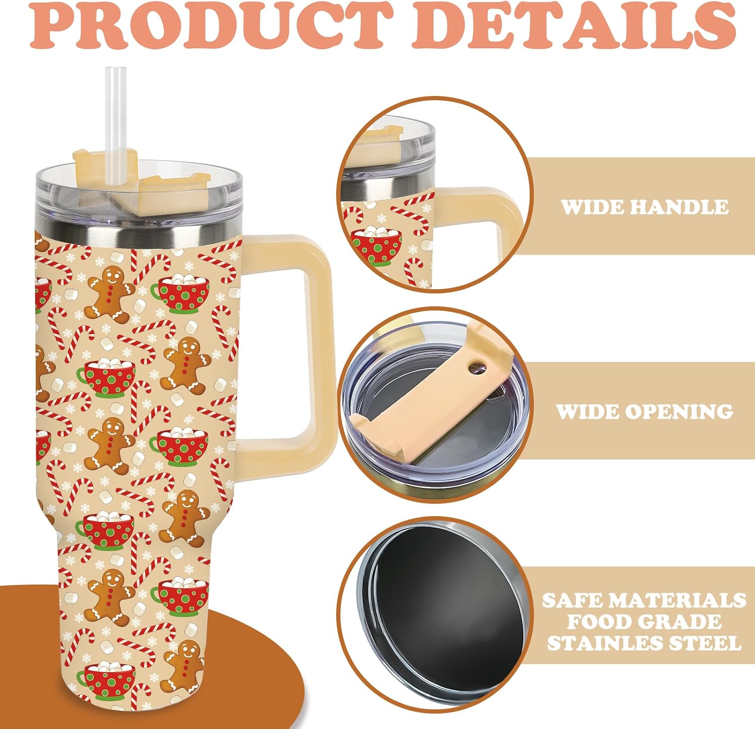 40 oz Christmas Gingerbread Candy Cane Stainless Steel Travel Tumbler