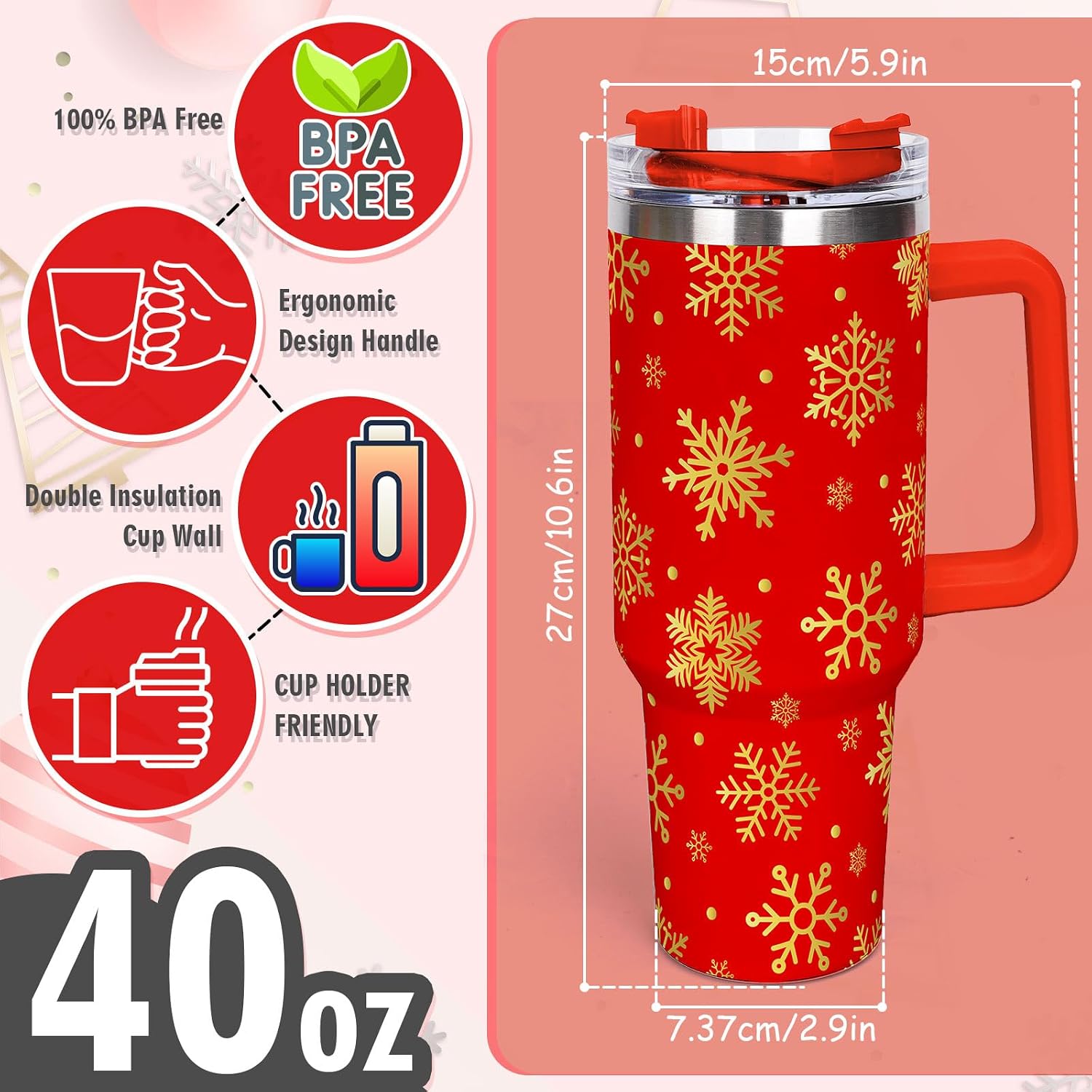 40 oz Christmas Snowflake Travel Tumbler with Handle Lid and Straw