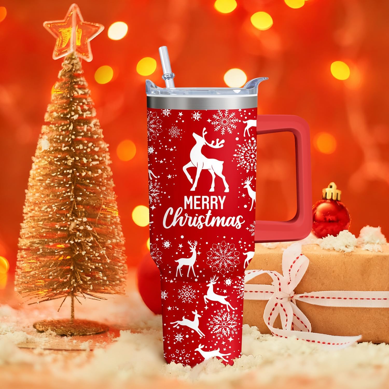 Christmas Tree Snowman 40 oz Insulated Tumbler with Handle and Straw
