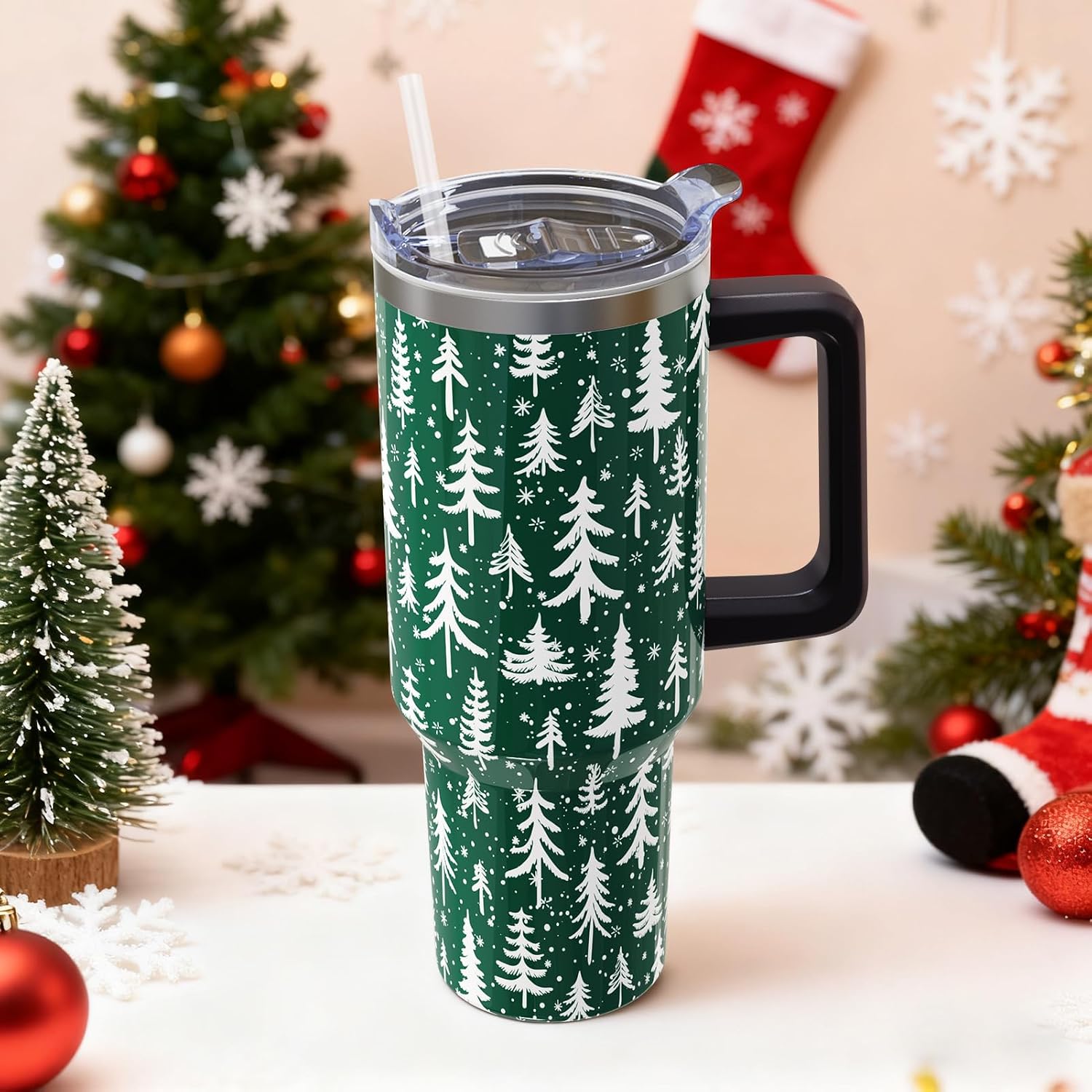 40 oz Christmas Insulated Tumbler with Handle Lid and Straw
