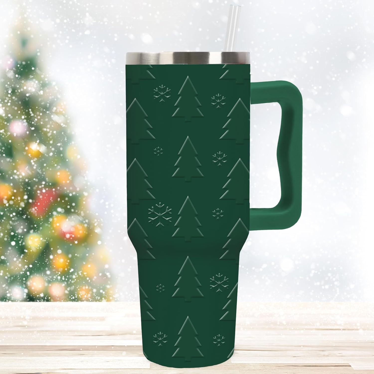40 oz Christmas Tree Snowflake Stainless Steel Tumbler with Handle and Straw