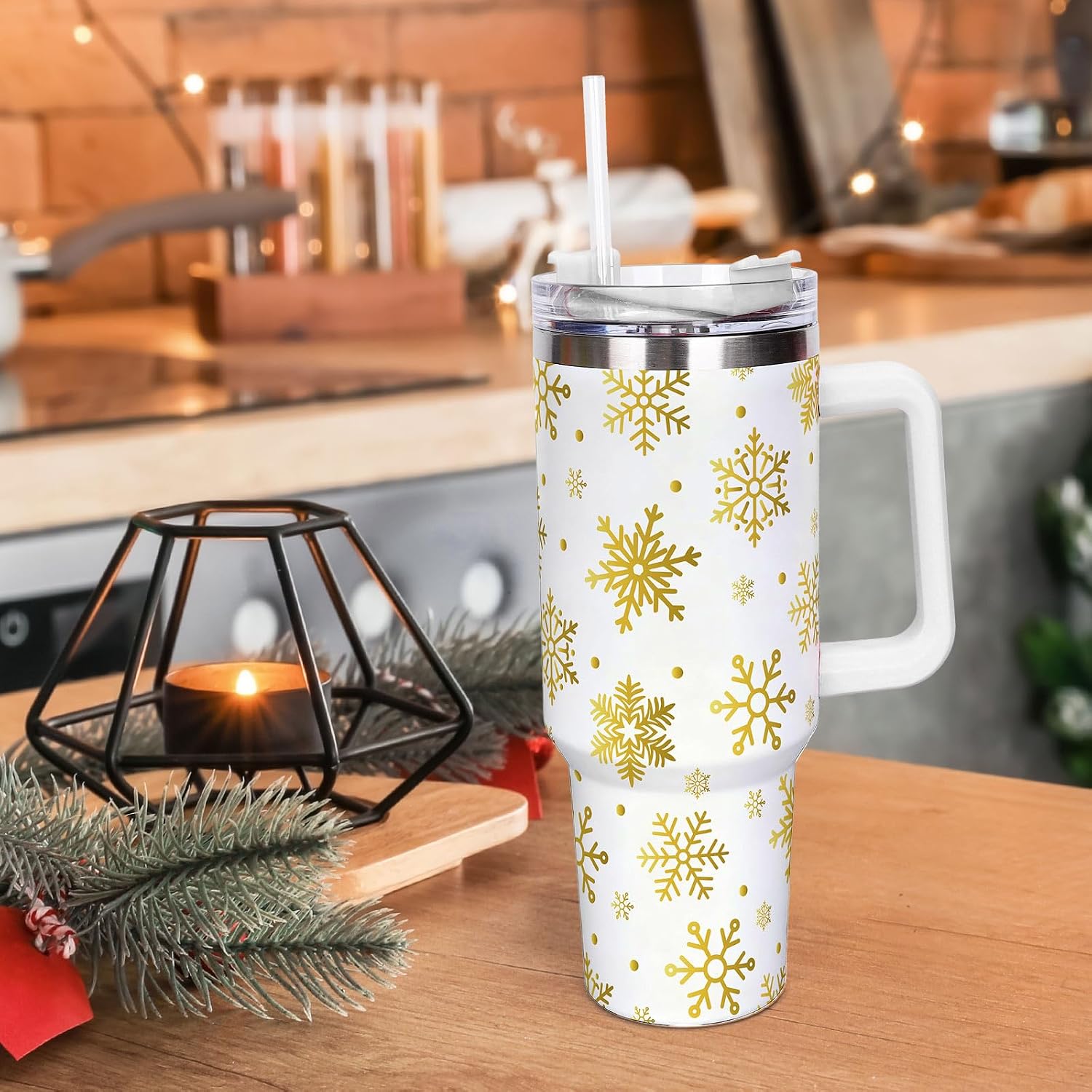 40 oz Christmas Snowflake Travel Tumbler with Handle Lid and Straw