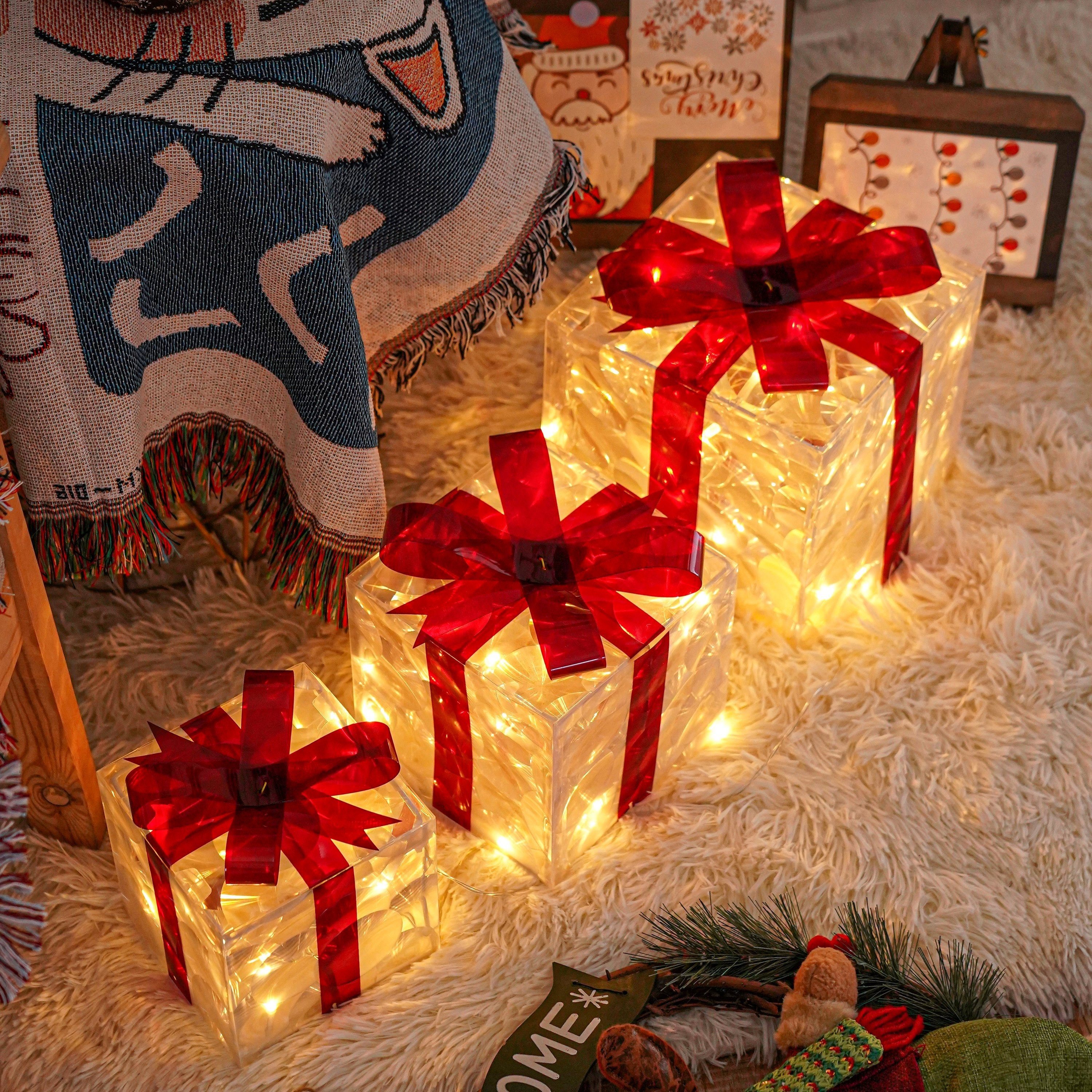 LED Lighted Gift Boxes with Decorative Bows for Christmas Tree Display