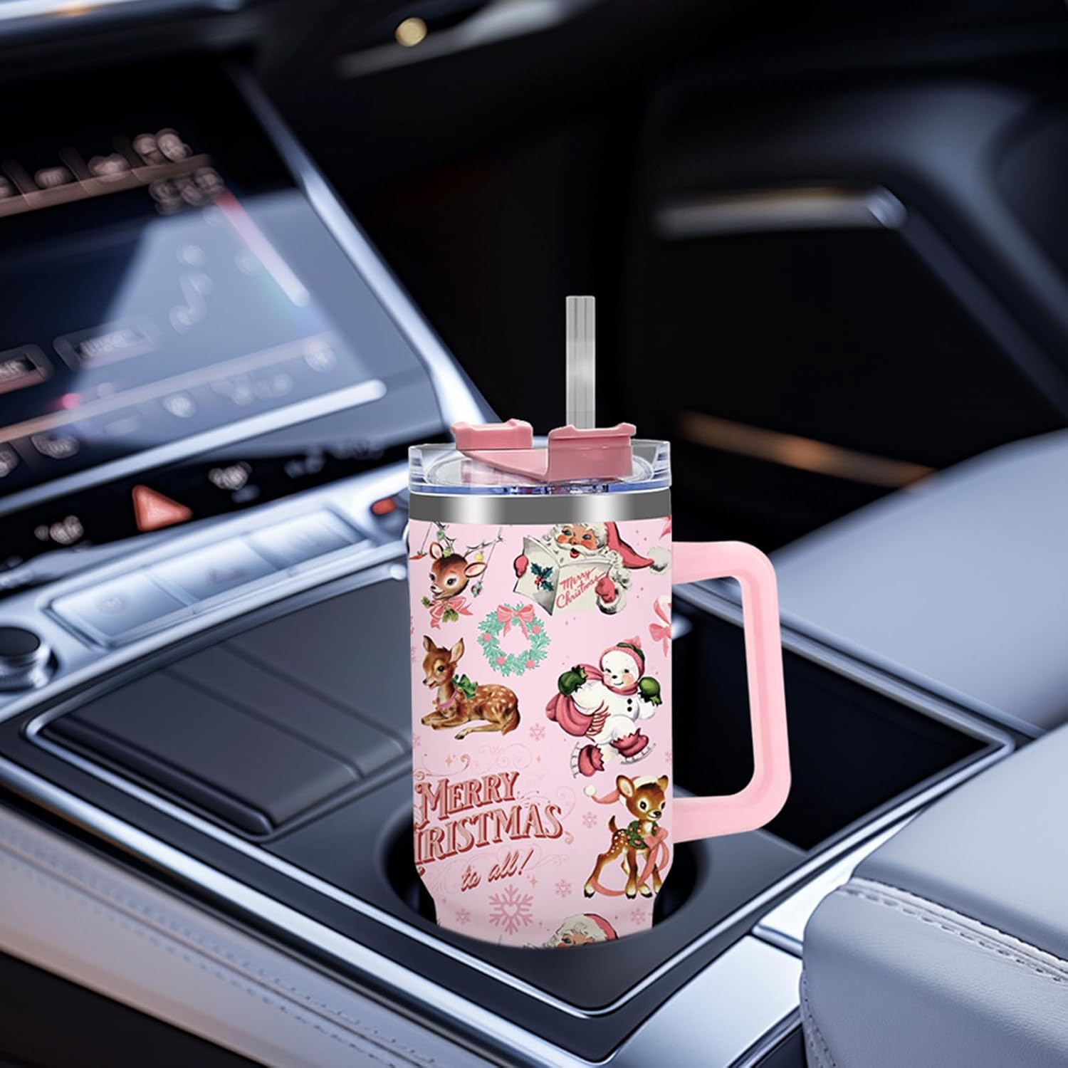 40 oz Christmas Santa Reindeer Stainless Steel Travel Tumbler with Straw