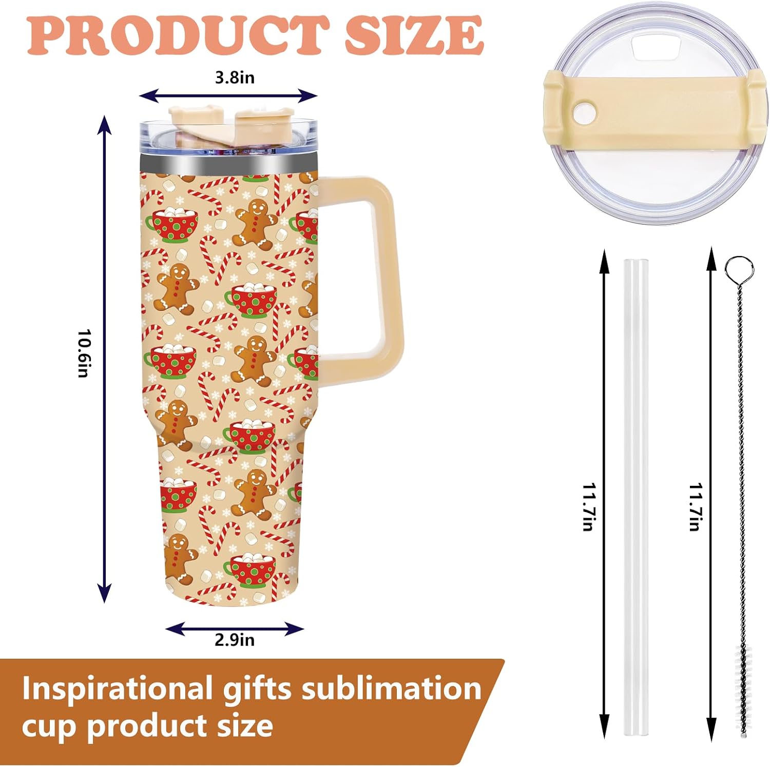 40 oz Christmas Gingerbread Candy Cane Stainless Steel Travel Tumbler