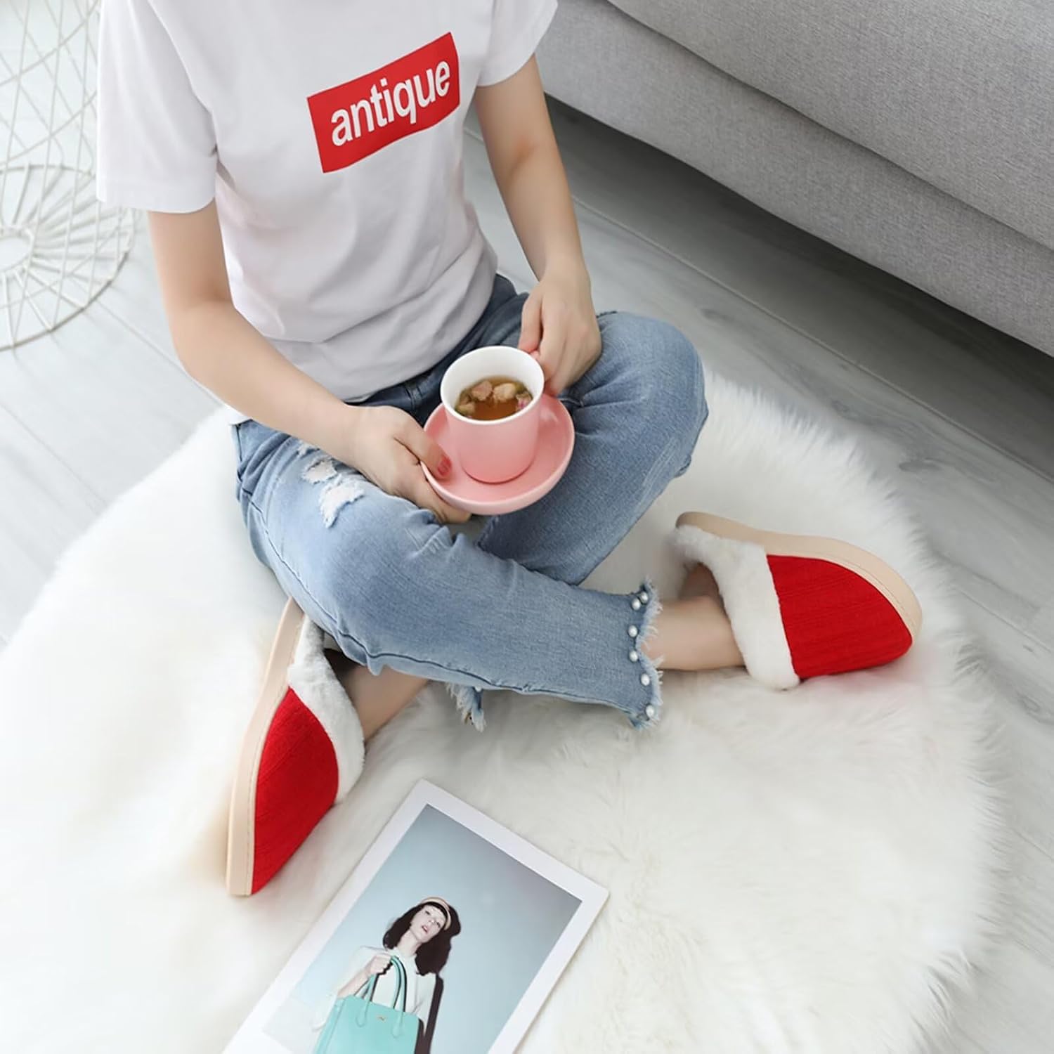 Christmas Fuzzy Plush Non Slip Indoor Slippers For Women