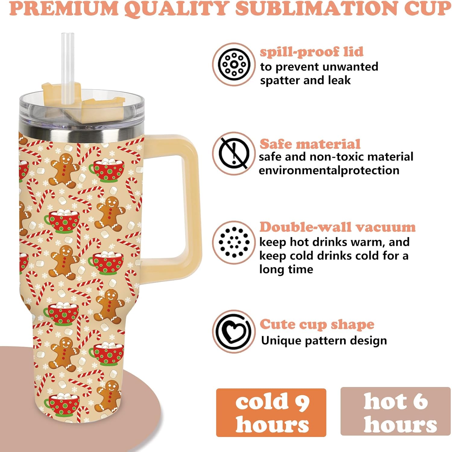 40 oz Christmas Gingerbread Candy Cane Stainless Steel Travel Tumbler