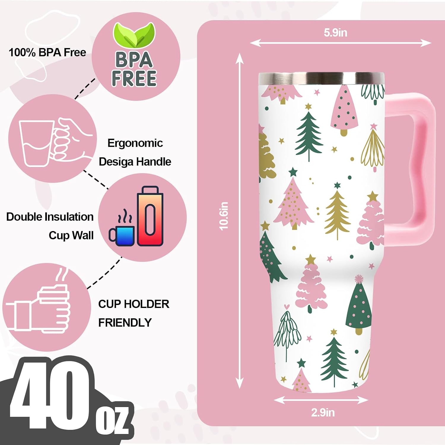 40 oz Boho Christmas Tree Stainless Steel Tumbler with Handle Lid and Straw